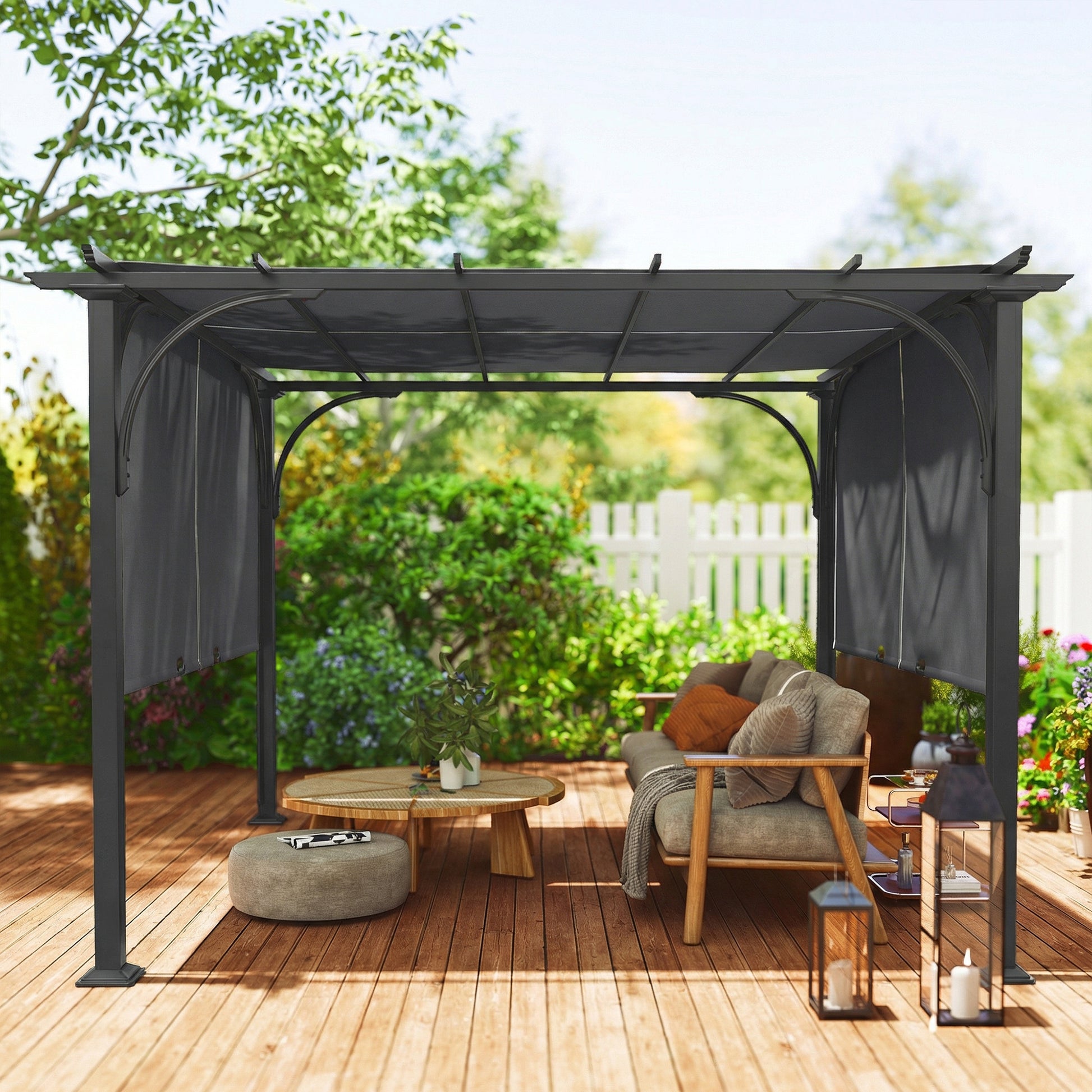 10' x 10' Retractable Pergola Canopy - Dark Grey Steel-DECOROLALA