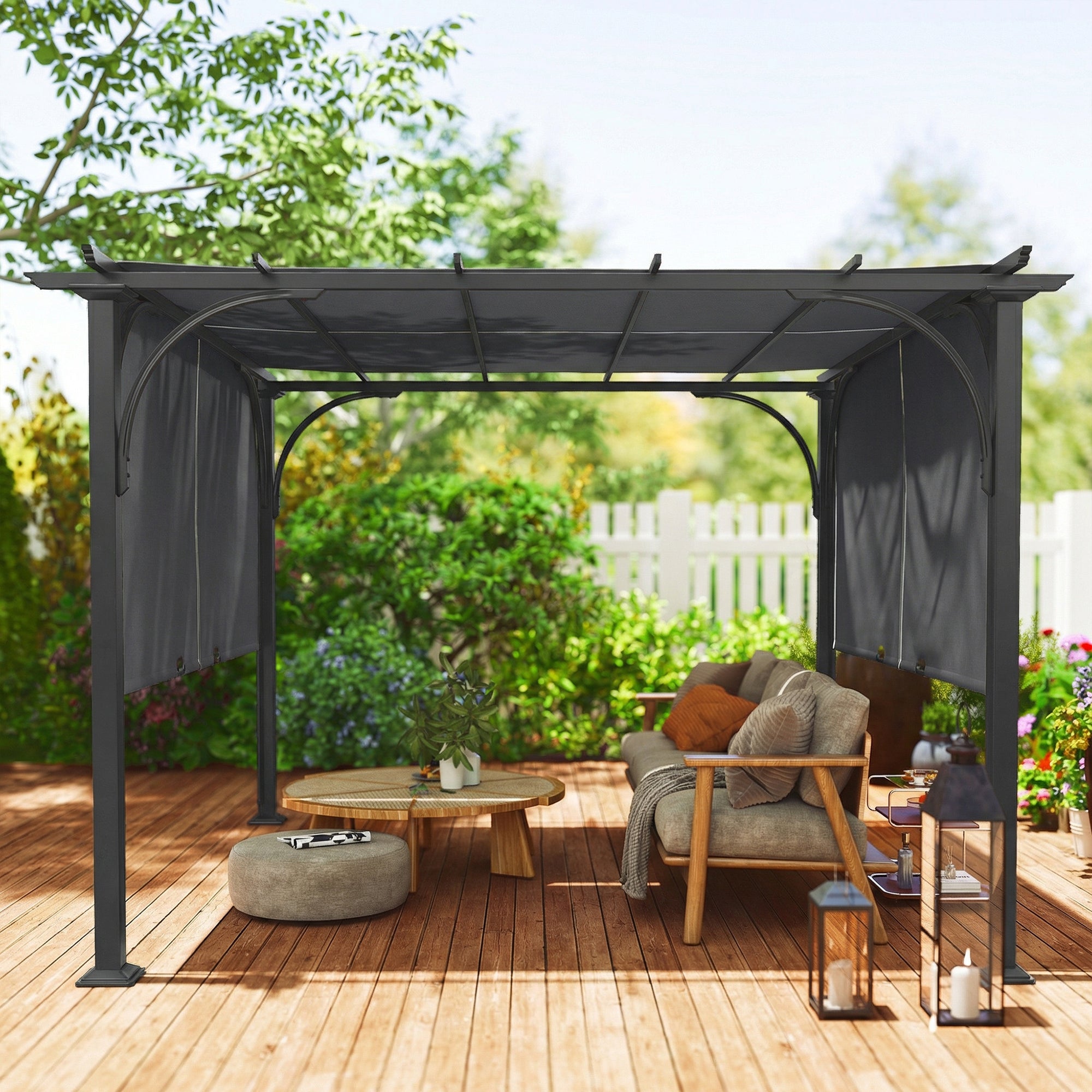 10' x 10' Retractable Pergola Canopy - Dark Grey Steel-DECOROLALA