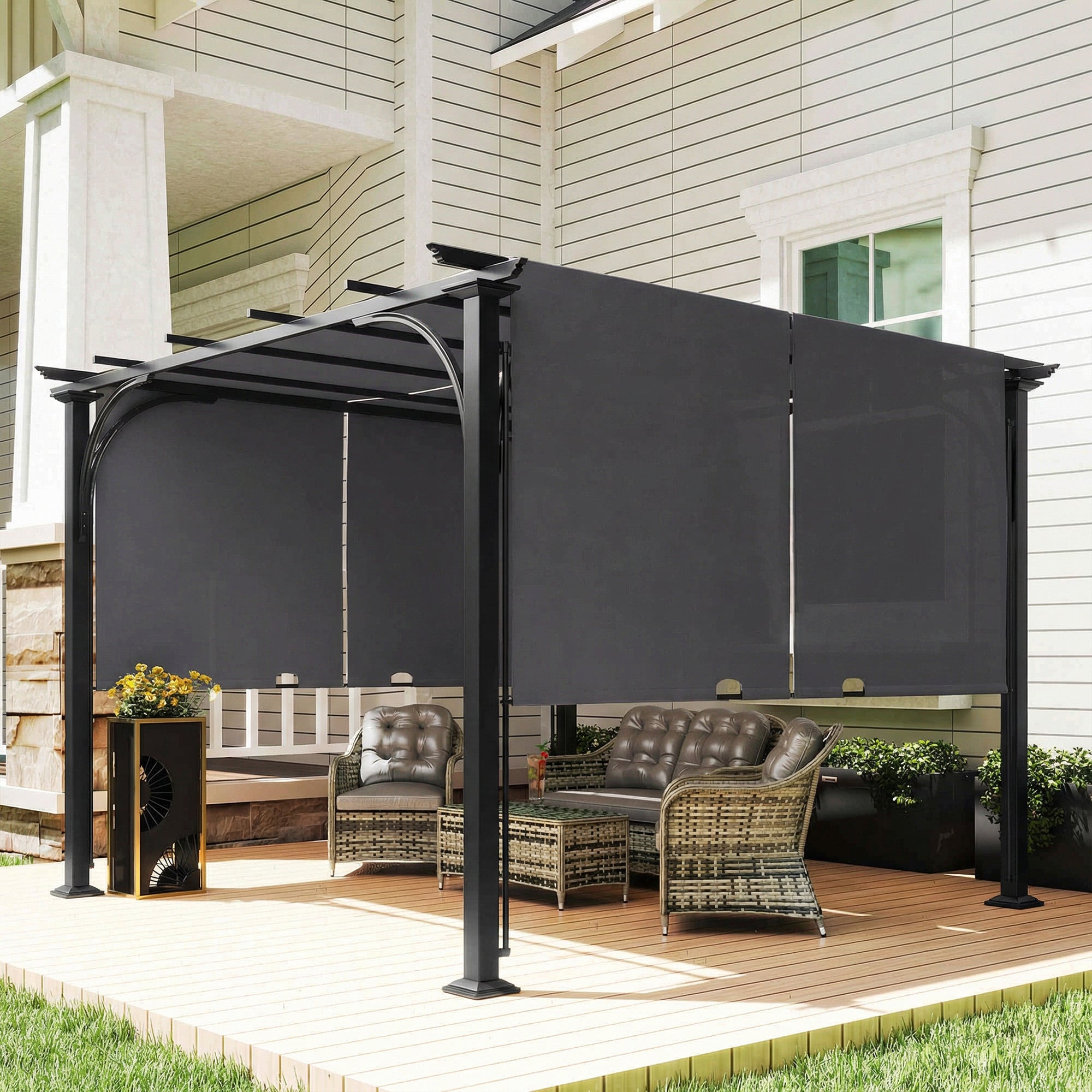 10' x 10' Retractable Pergola Canopy - Dark Grey Steel-DECOROLALA