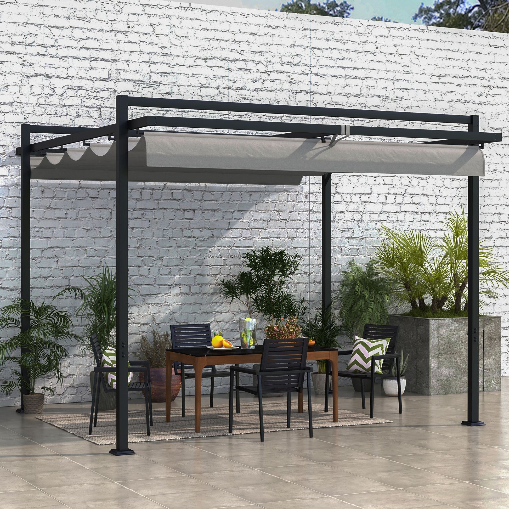 10' x 10' Retractable Pergola - Dark Grey Steel Gazebo-DECOROLALA