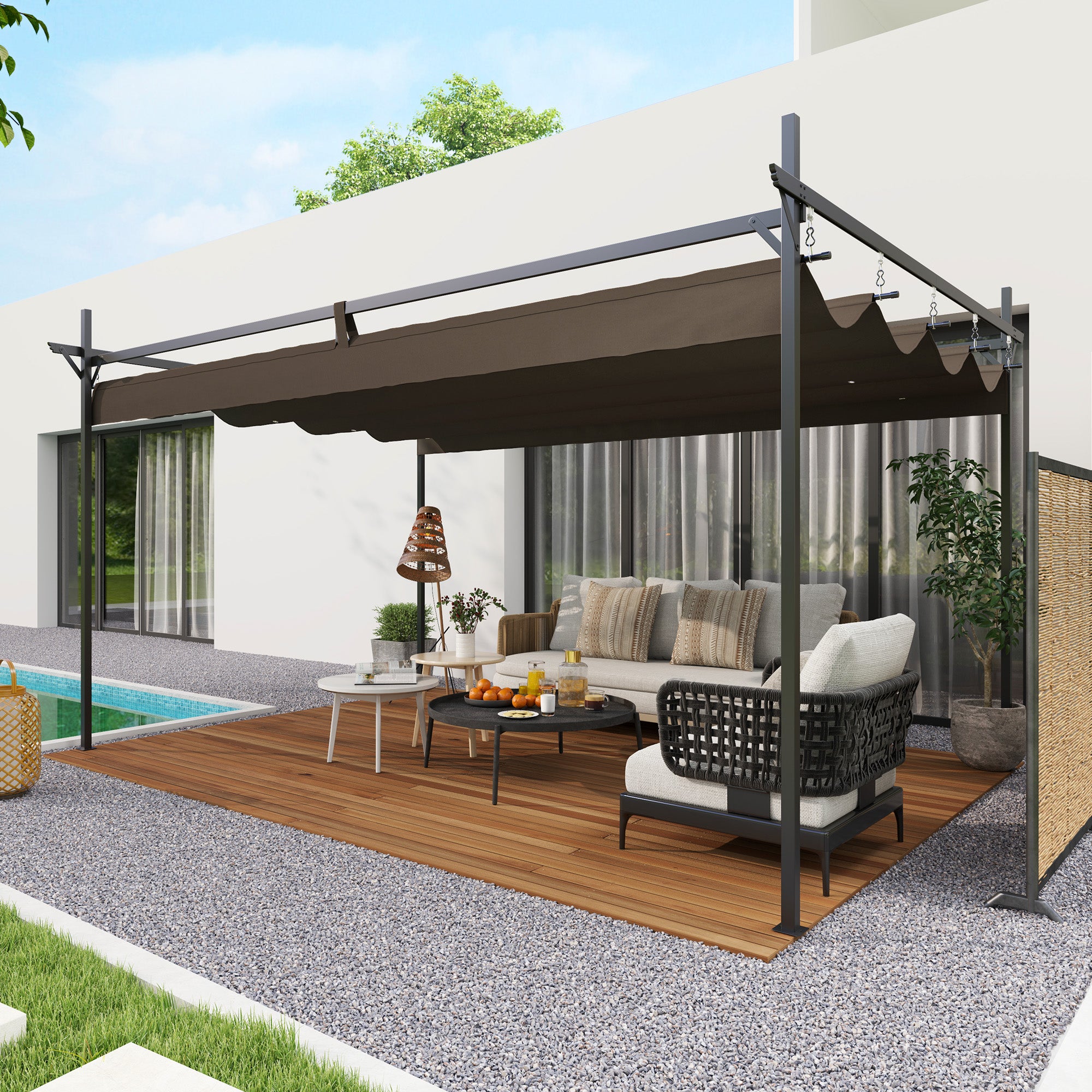 10' x 10' Retractable Pergola Gazebo - Brown Metal Kit-DECOROLALA