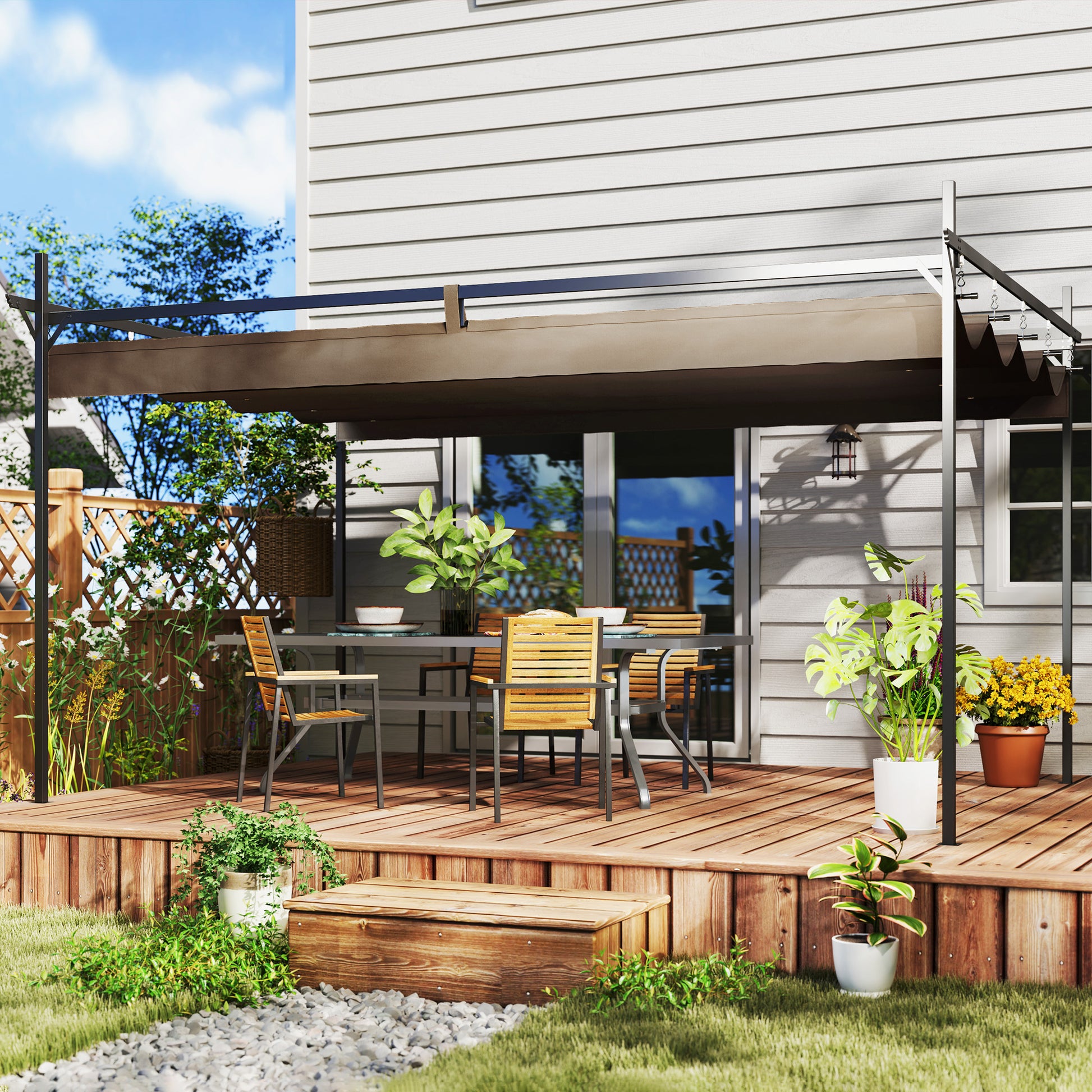 10' x 10' Retractable Pergola Gazebo - Brown Metal Kit-DECOROLALA