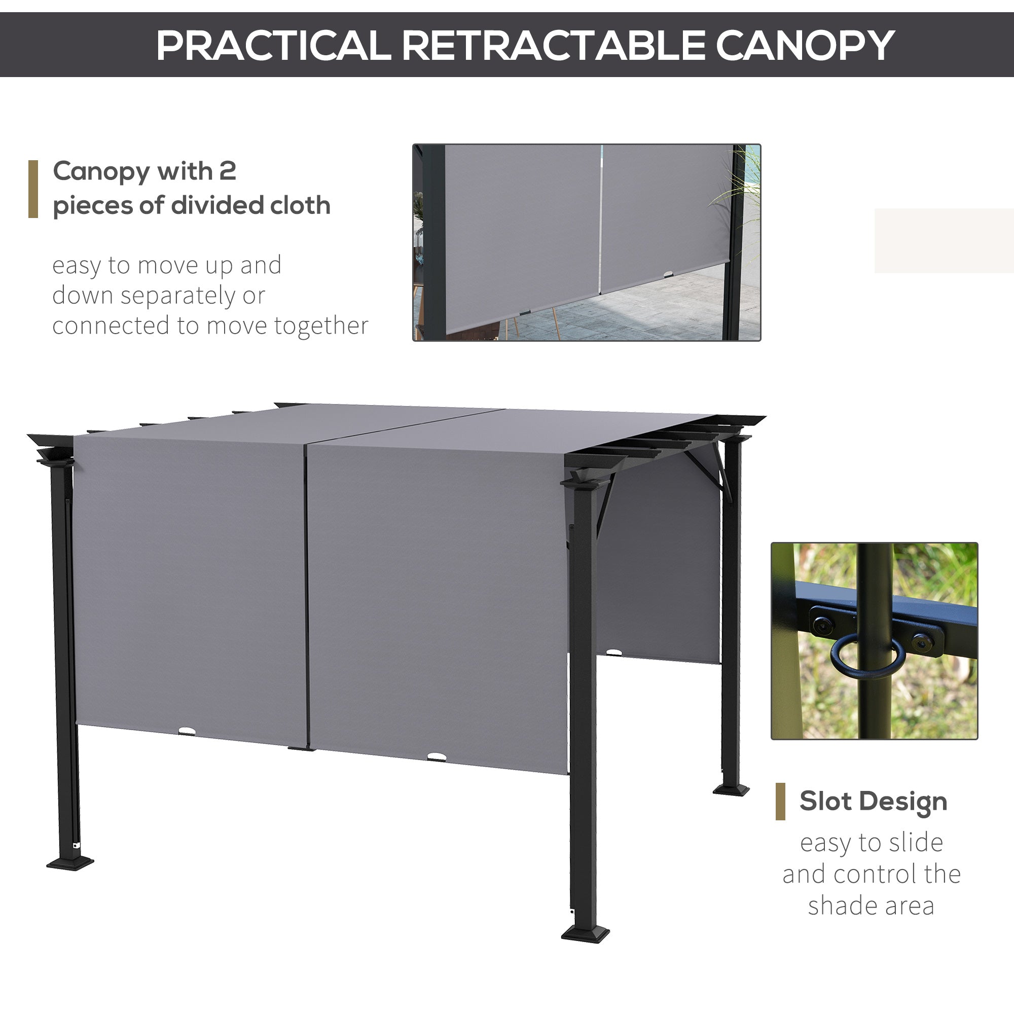 10' x 10' Retractable Pergola - Grey Steel Outdoor Canopy-DECOROLALA