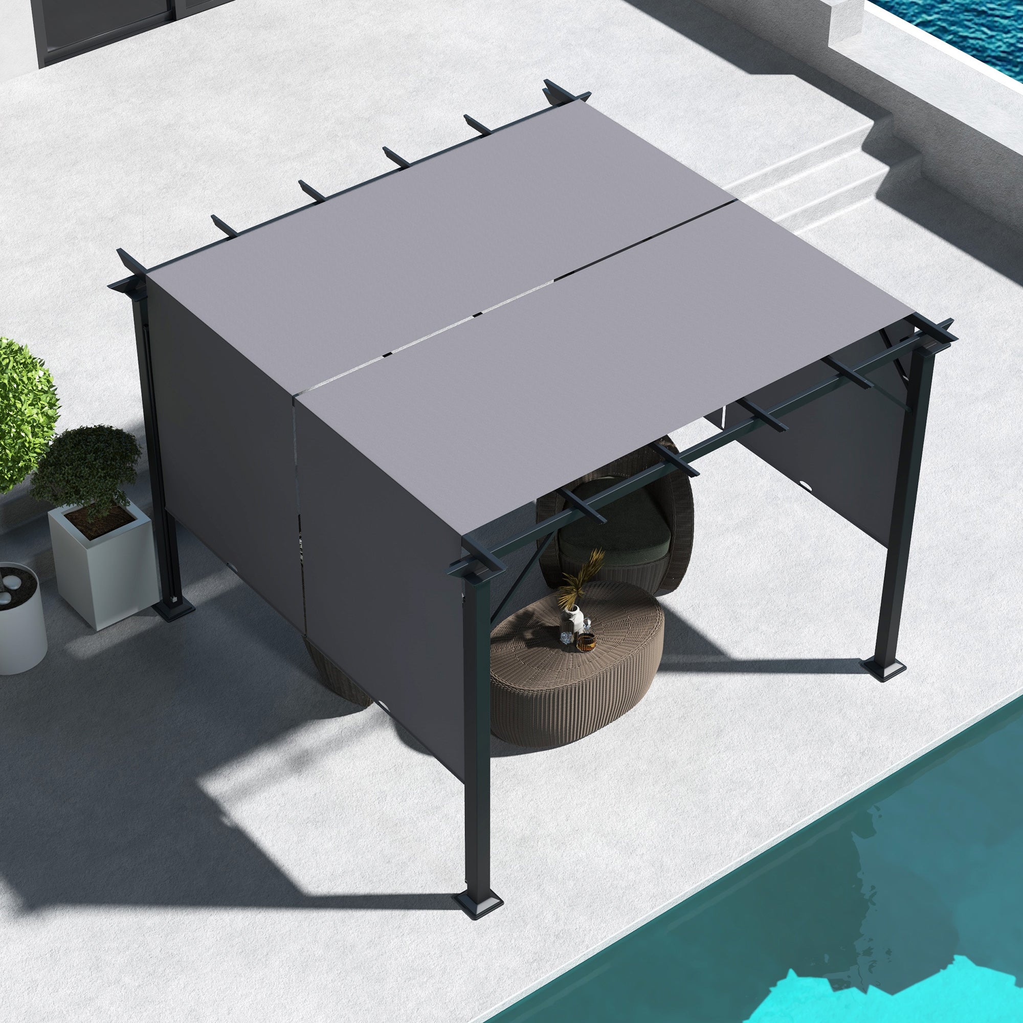 10' x 10' Retractable Pergola - Grey Steel Outdoor Canopy-DECOROLALA
