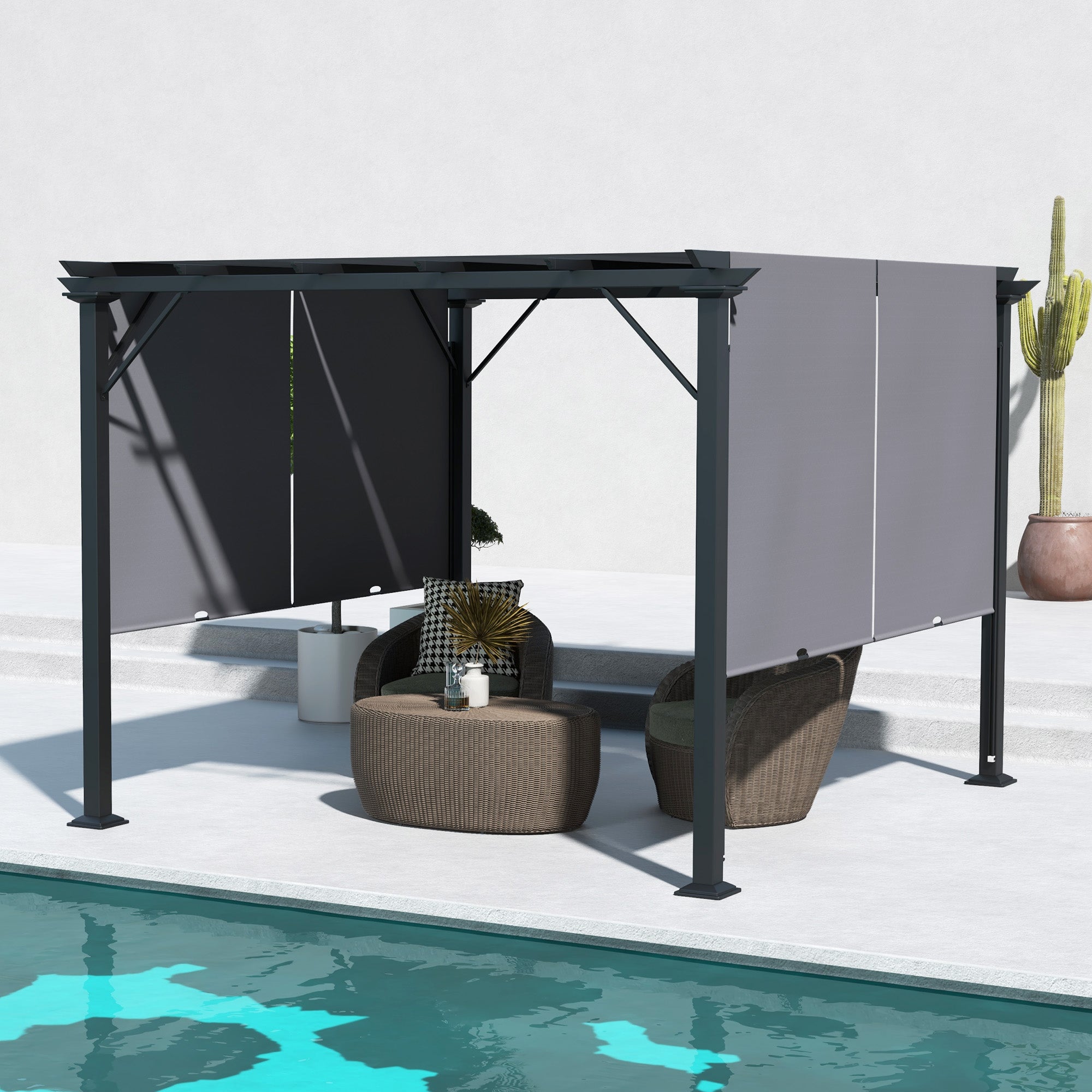 10' x 10' Retractable Pergola - Grey Steel Outdoor Canopy-DECOROLALA