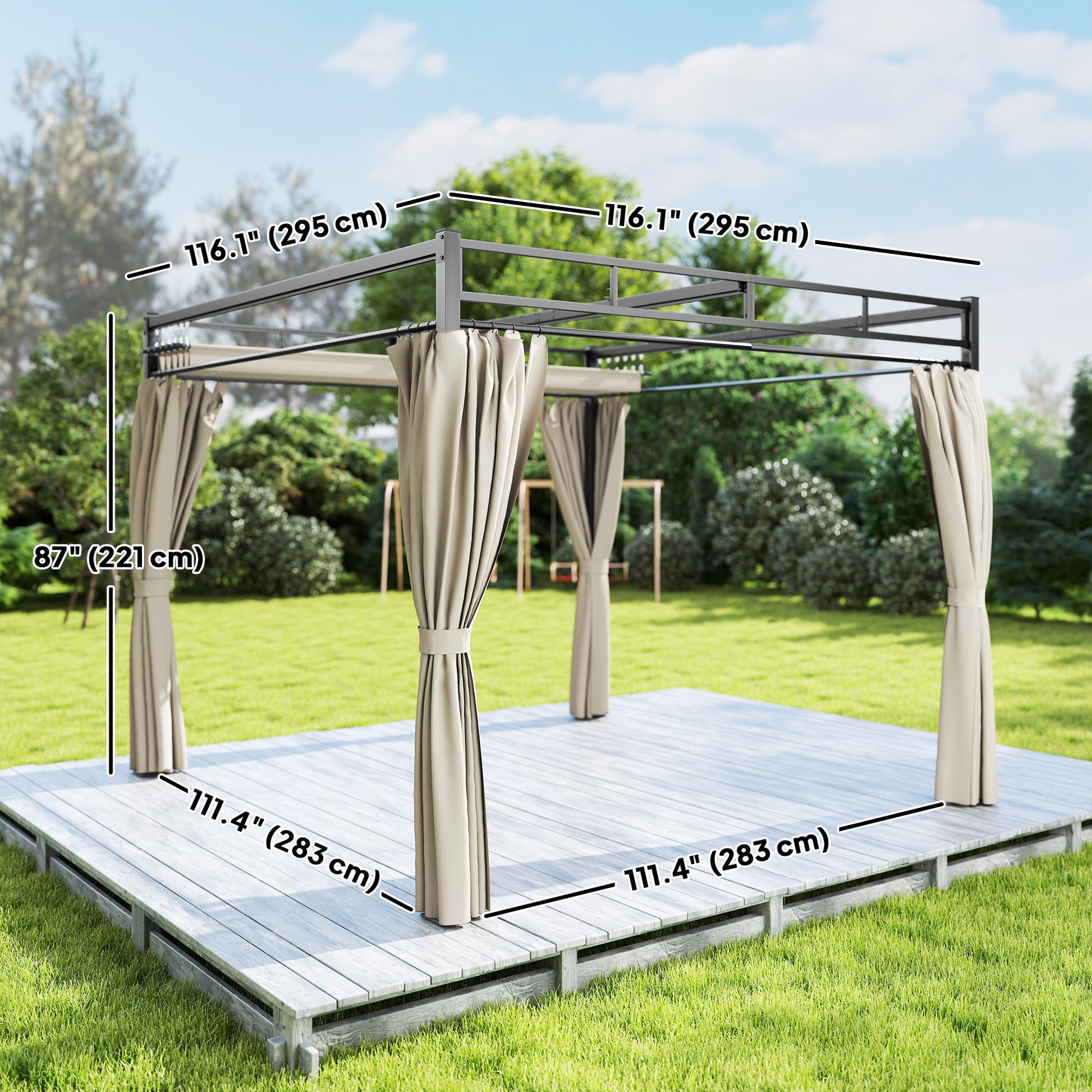 10' x 10' Retractable Pergola with Curtains - Beige-DECOROLALA