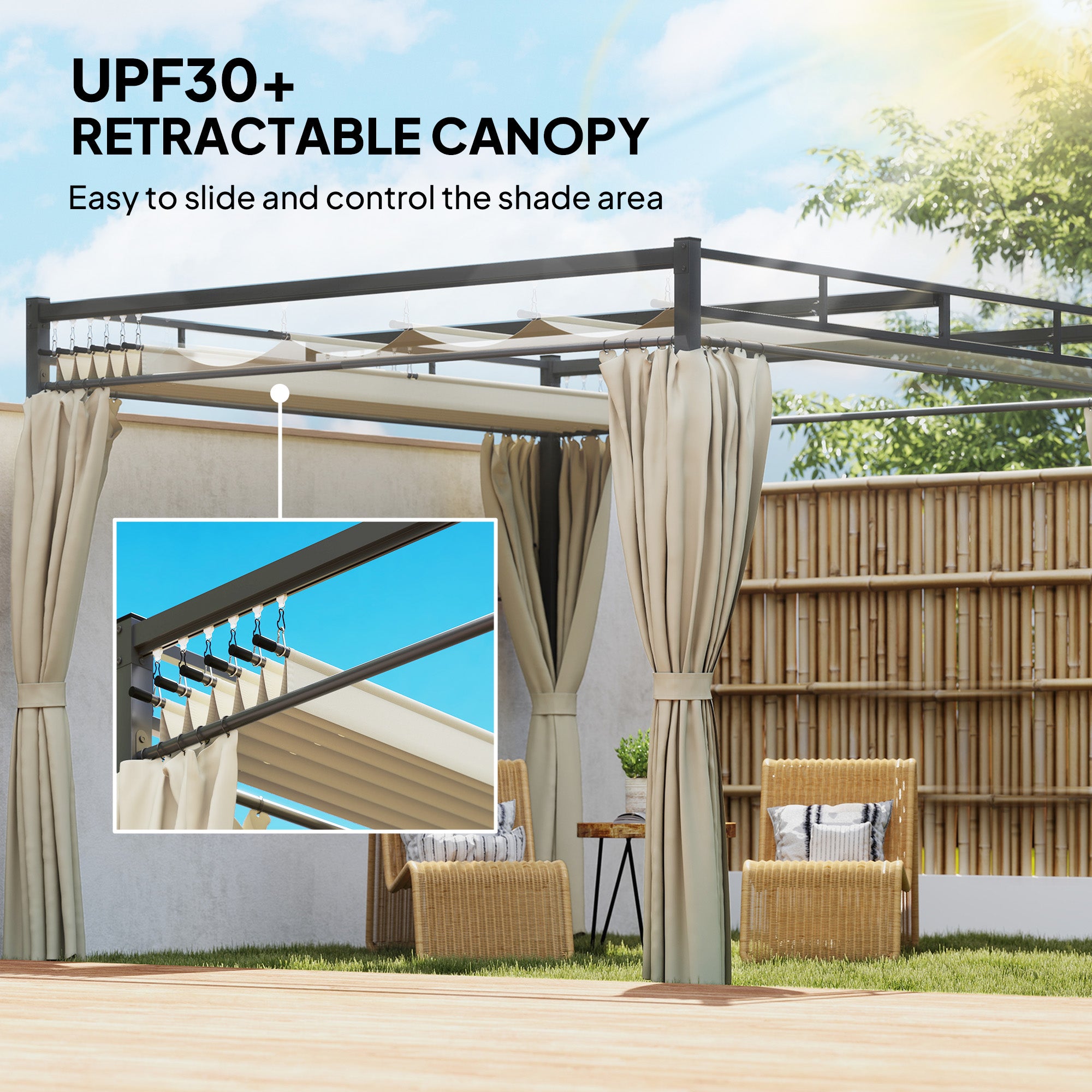 10' x 10' Retractable Pergola with Curtains - Beige-DECOROLALA