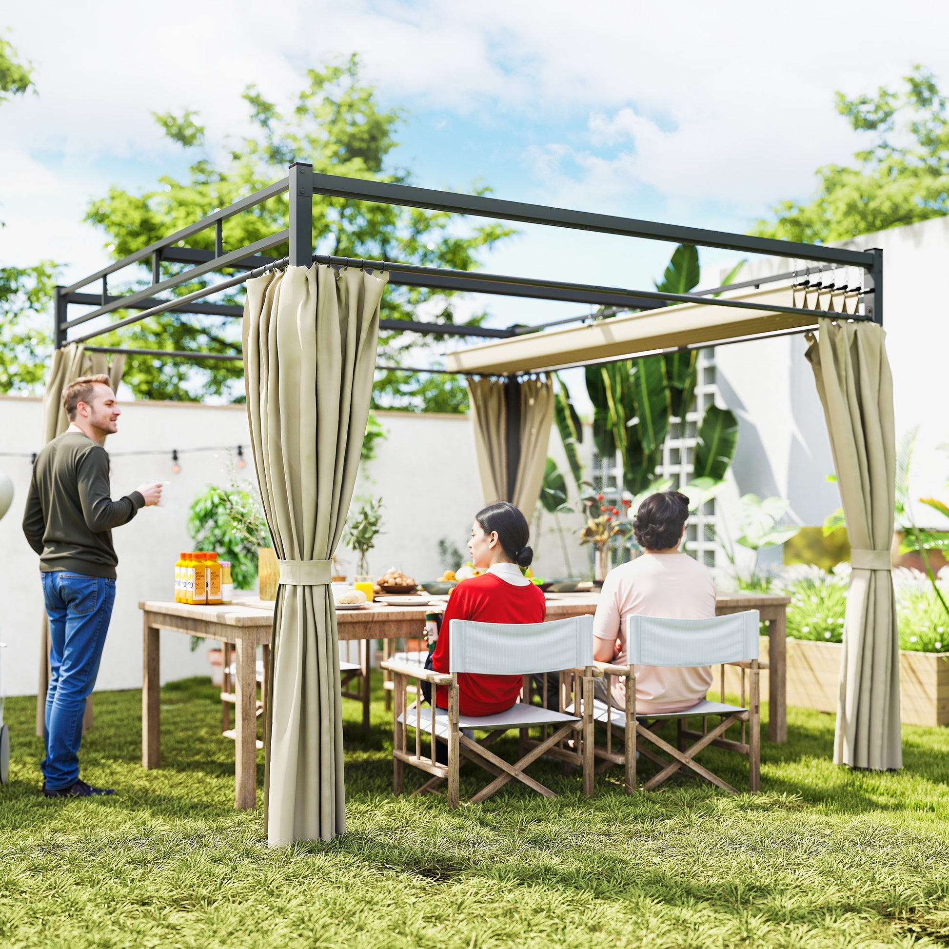 10' x 10' Retractable Pergola with Curtains - Beige-DECOROLALA
