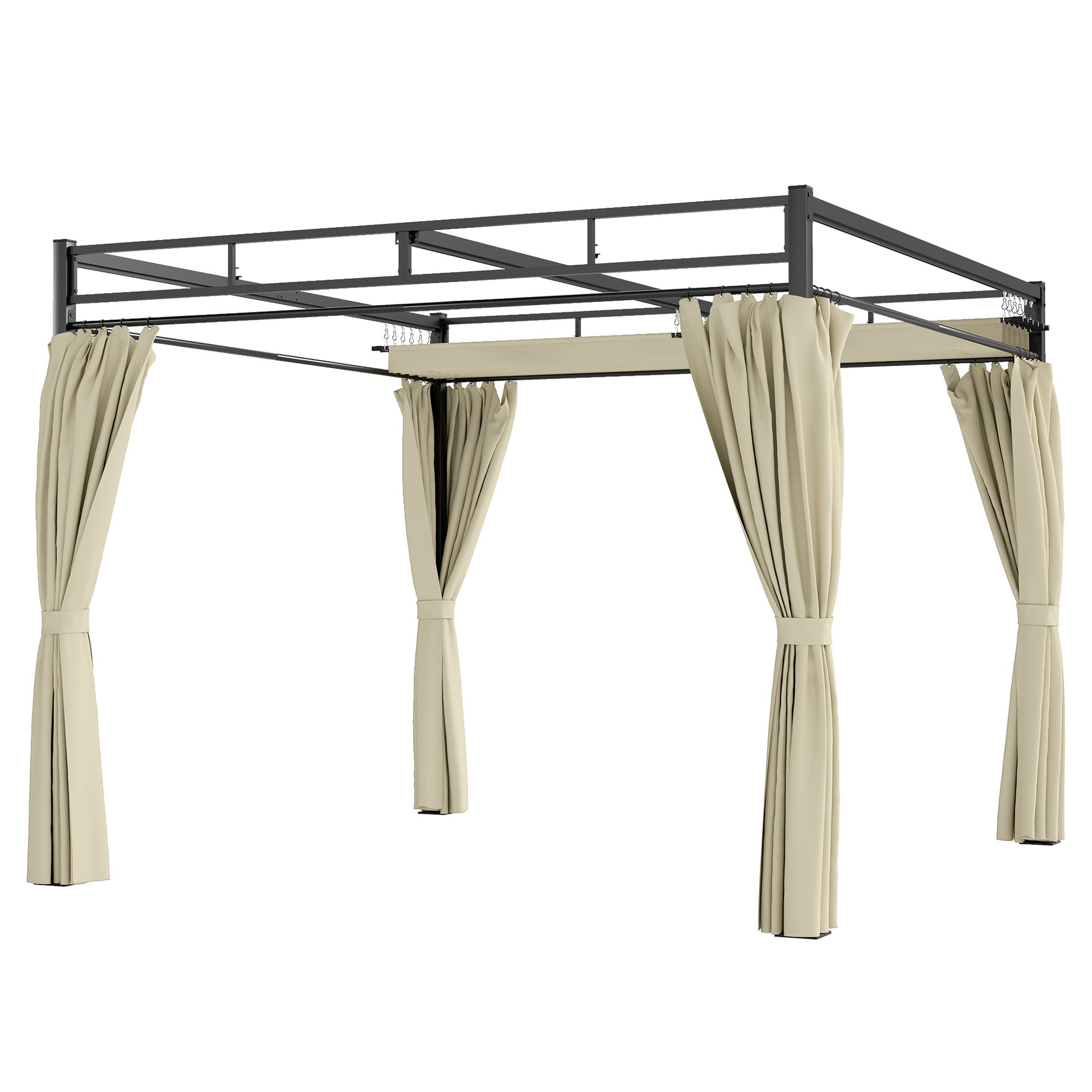 10' x 10' Retractable Pergola with Curtains - Beige-DECOROLALA