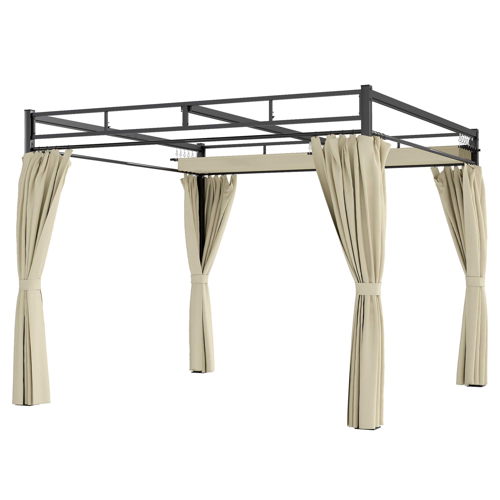 10' x 10' Retractable Pergola with Curtains - Beige-DECOROLALA