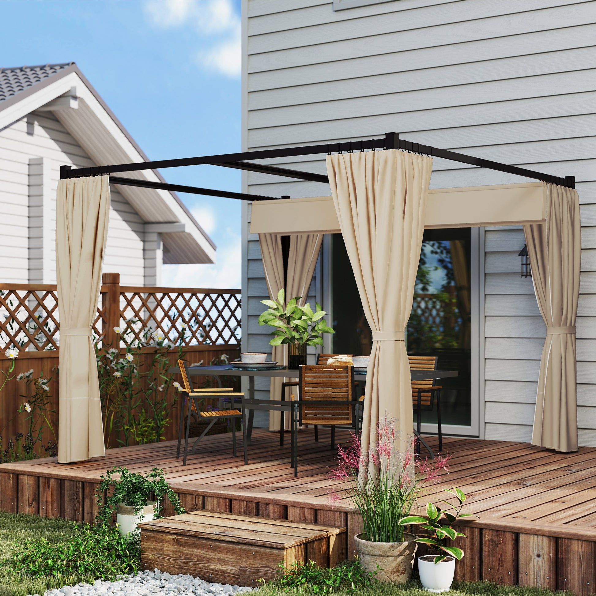 10' x 10' Retractable Pergola with Sidewalls - Beige-DECOROLALA