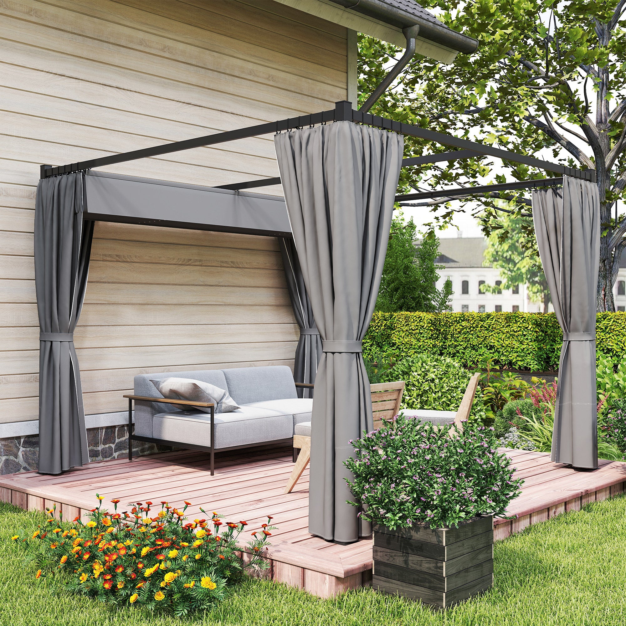 10' x 10' Retractable Pergola with Sidewalls - Beige-DECOROLALA