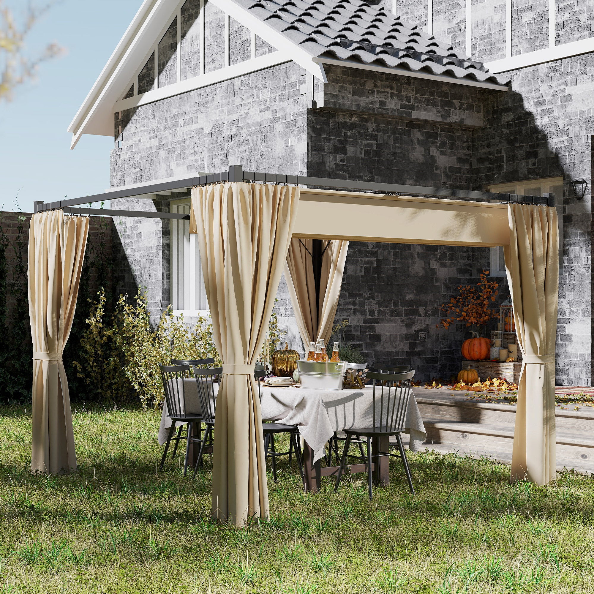 10' x 10' Retractable Pergola with Sidewalls - Beige-DECOROLALA