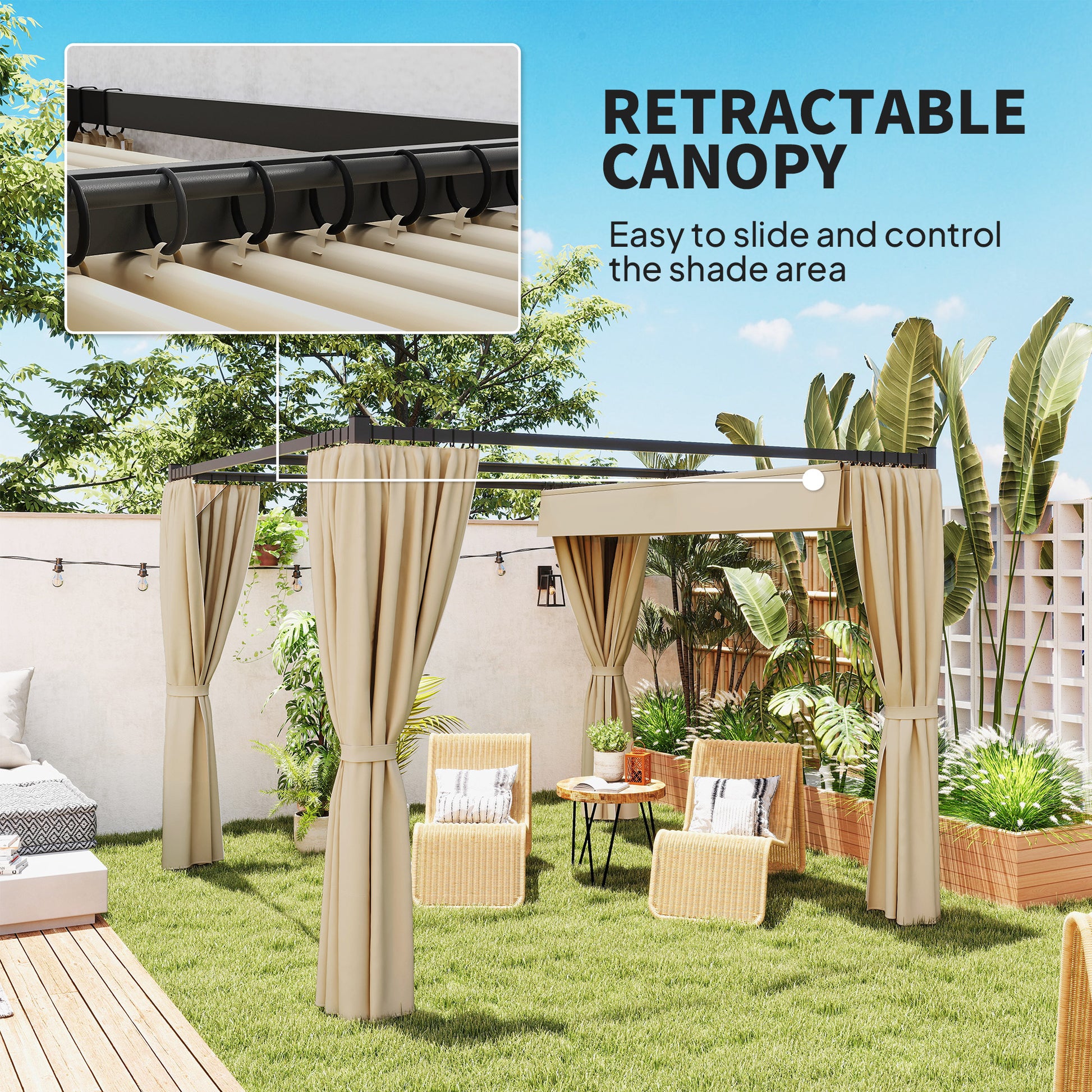 10' x 10' Retractable Pergola with Sidewalls - Beige-DECOROLALA