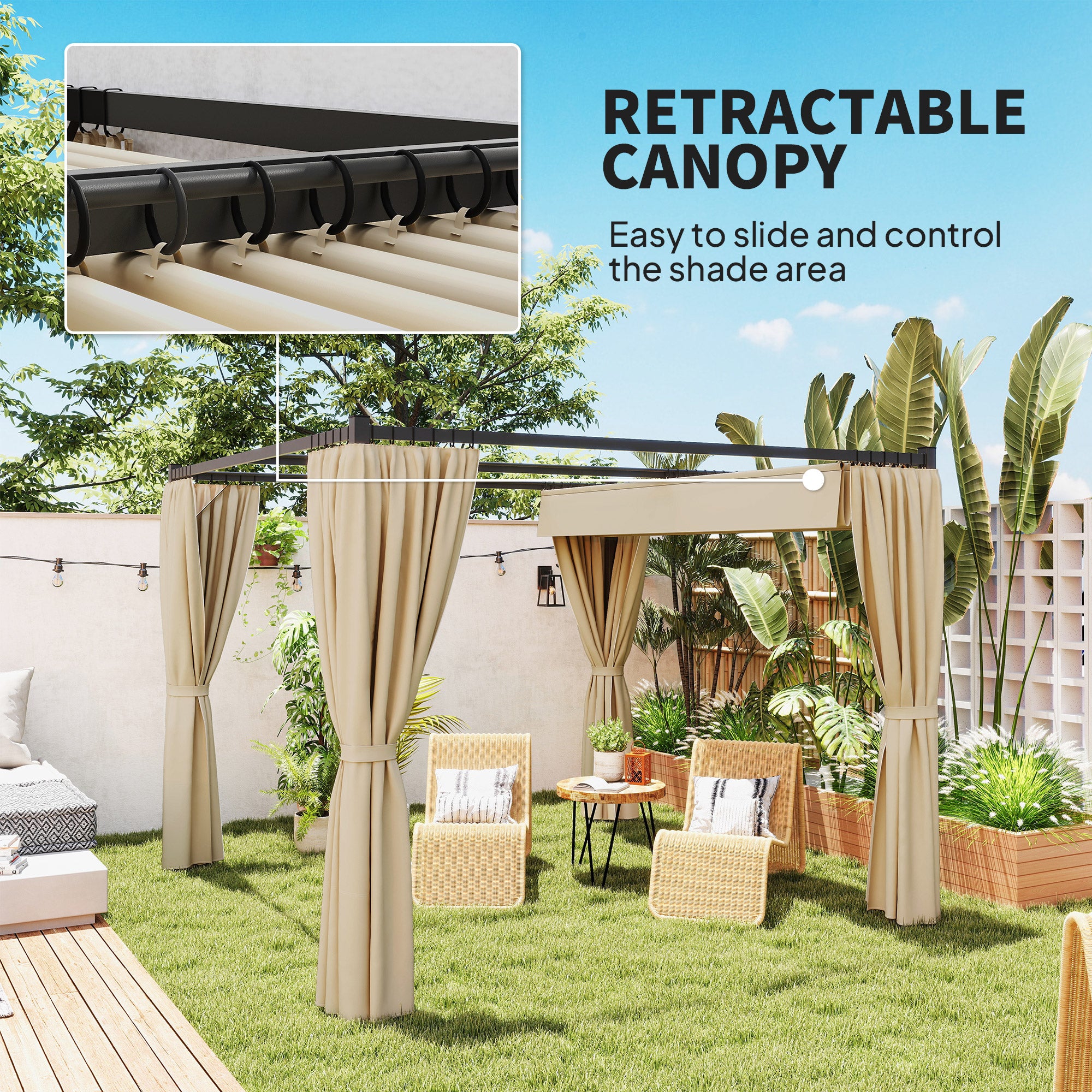 10' x 10' Retractable Pergola with Sidewalls - Beige-DECOROLALA