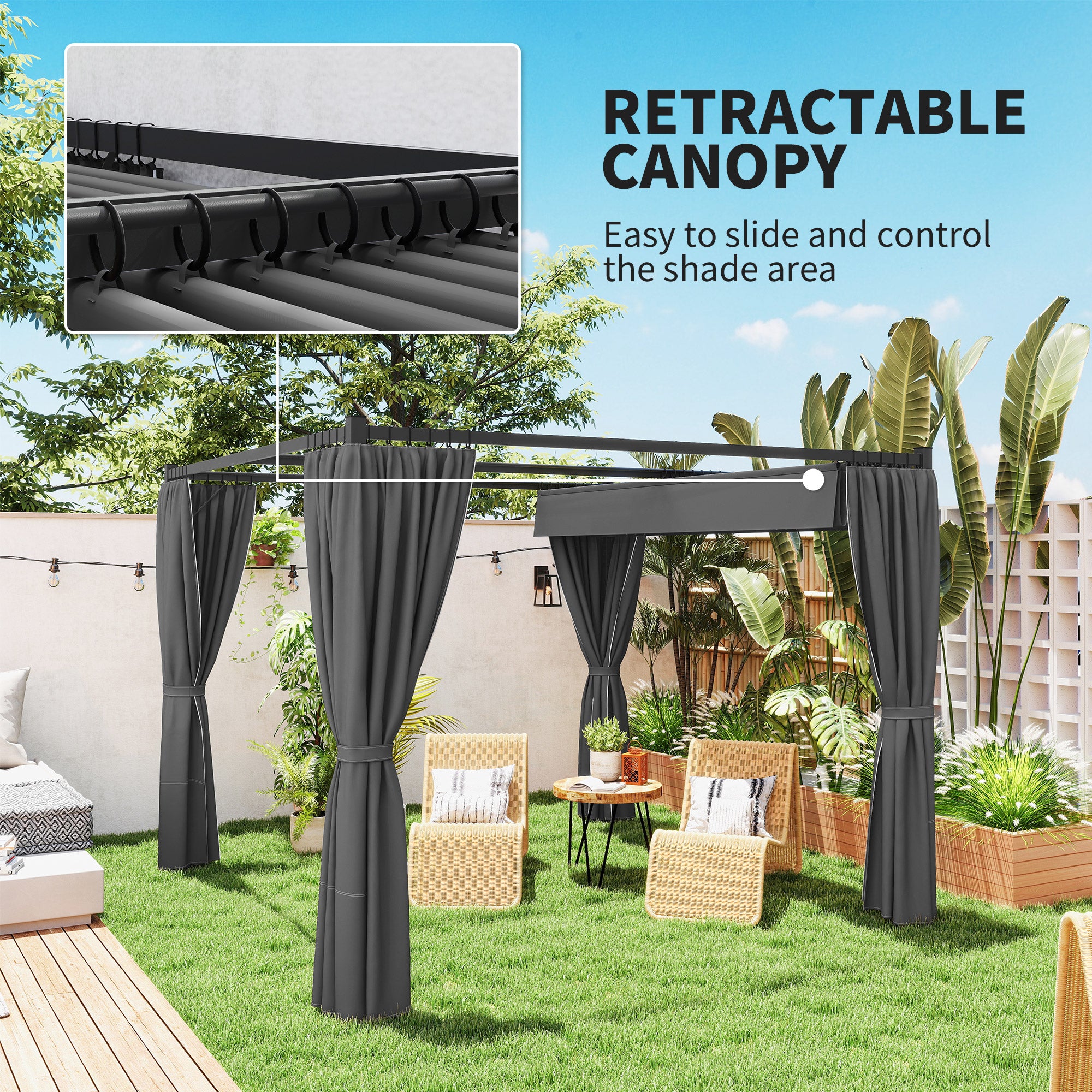 10' x 10' Retractable Pergola with Sidewalls - Dark Grey-DECOROLALA