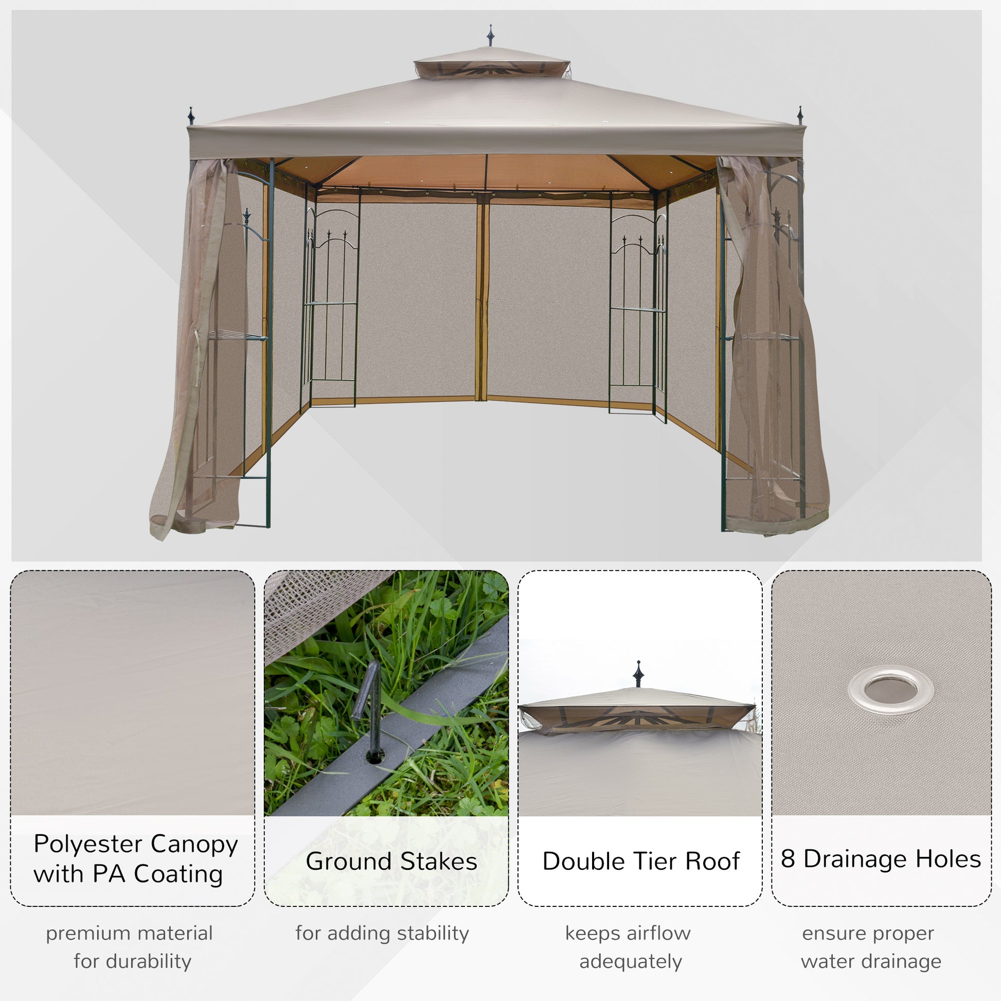 10' x 10' Steel Gazebo Canopy - Brown Mesh Curtains-DECOROLALA