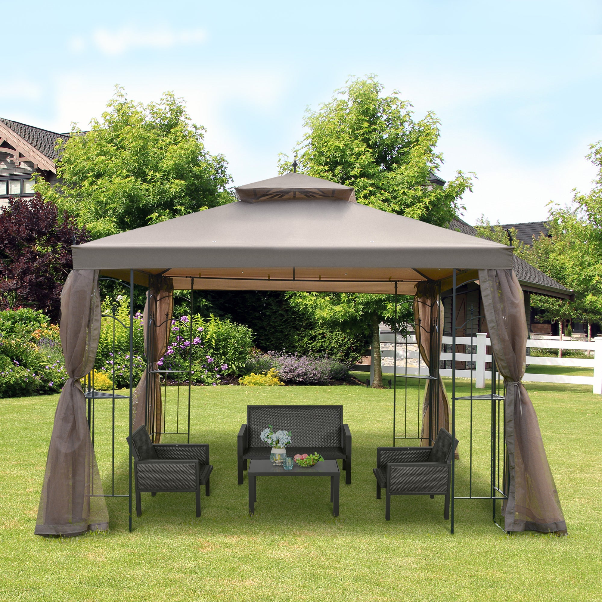 10' x 10' Steel Gazebo Canopy - Brown Mesh Curtains-DECOROLALA