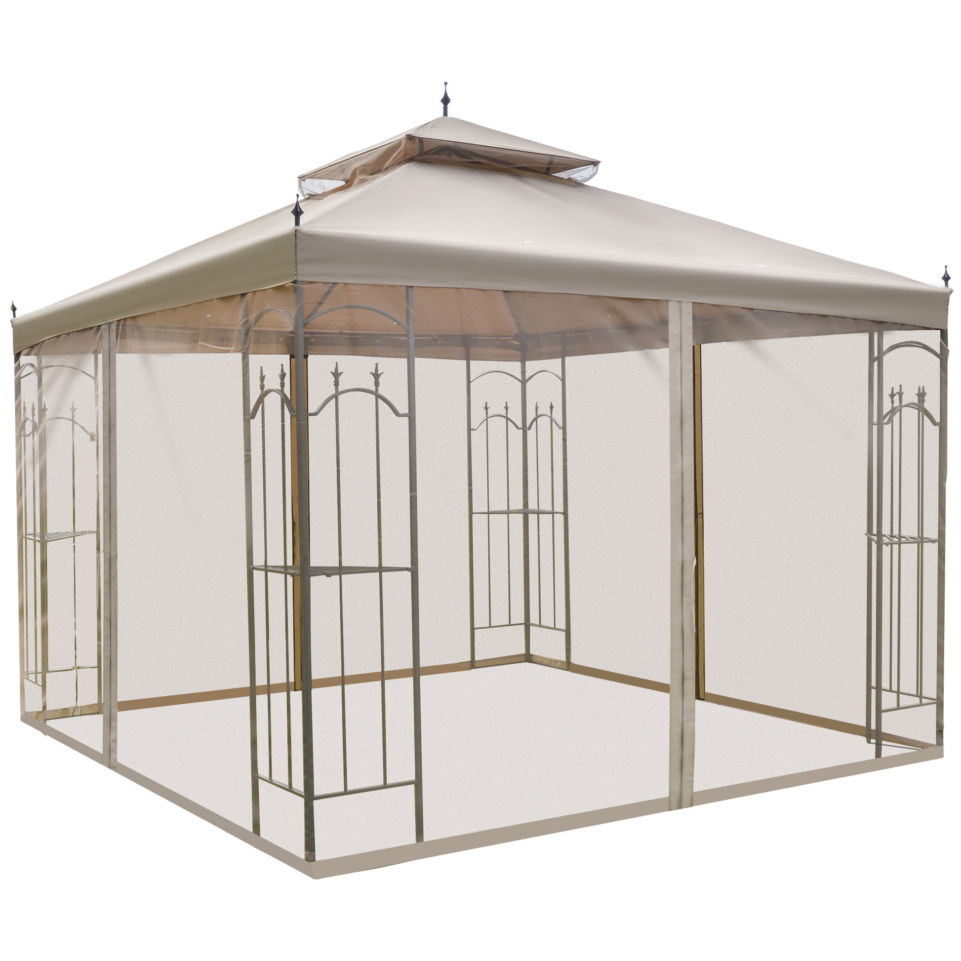 10' x 10' Steel Gazebo Canopy - Brown Mesh Curtains-DECOROLALA