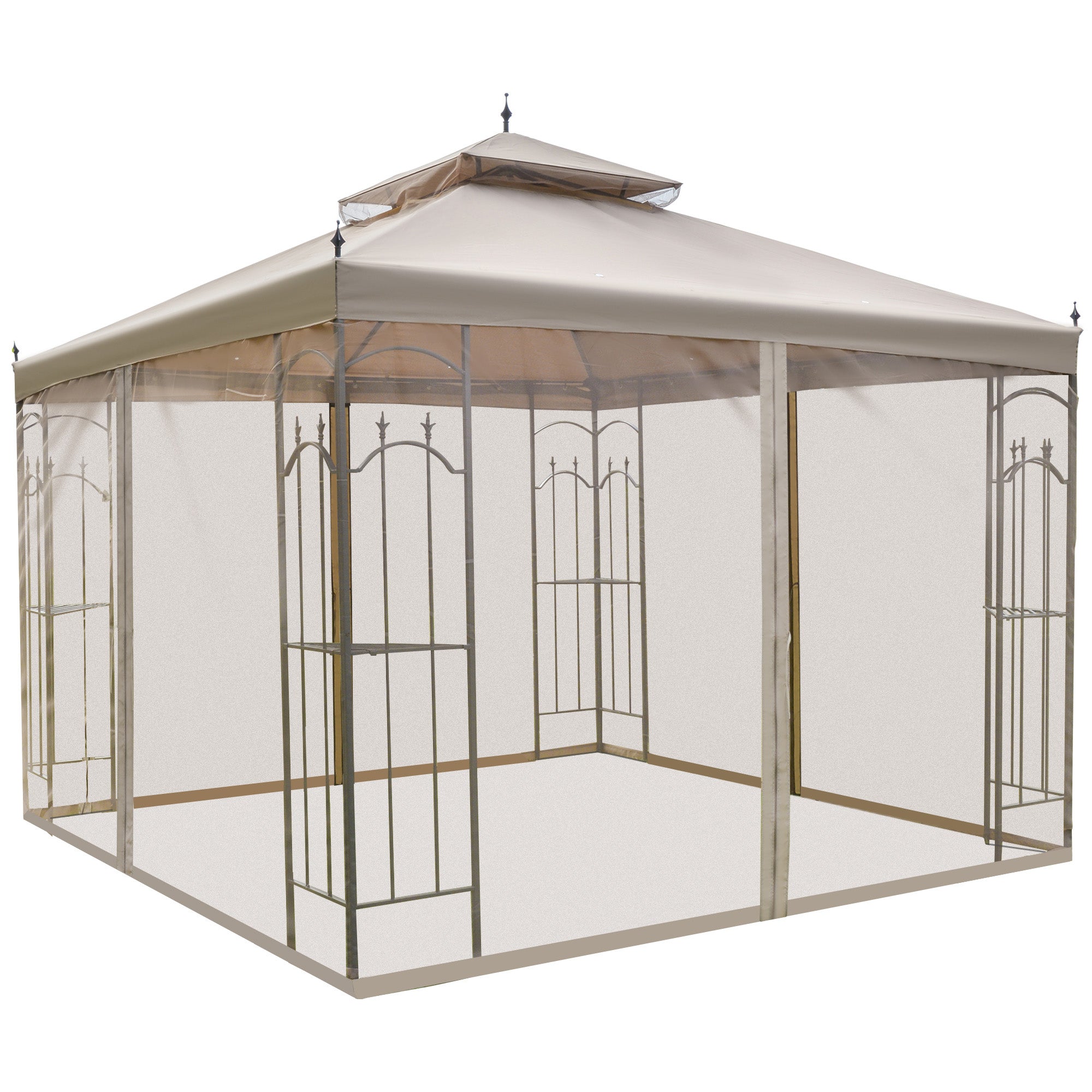 10' x 10' Steel Gazebo Canopy - Brown Mesh Curtains-DECOROLALA