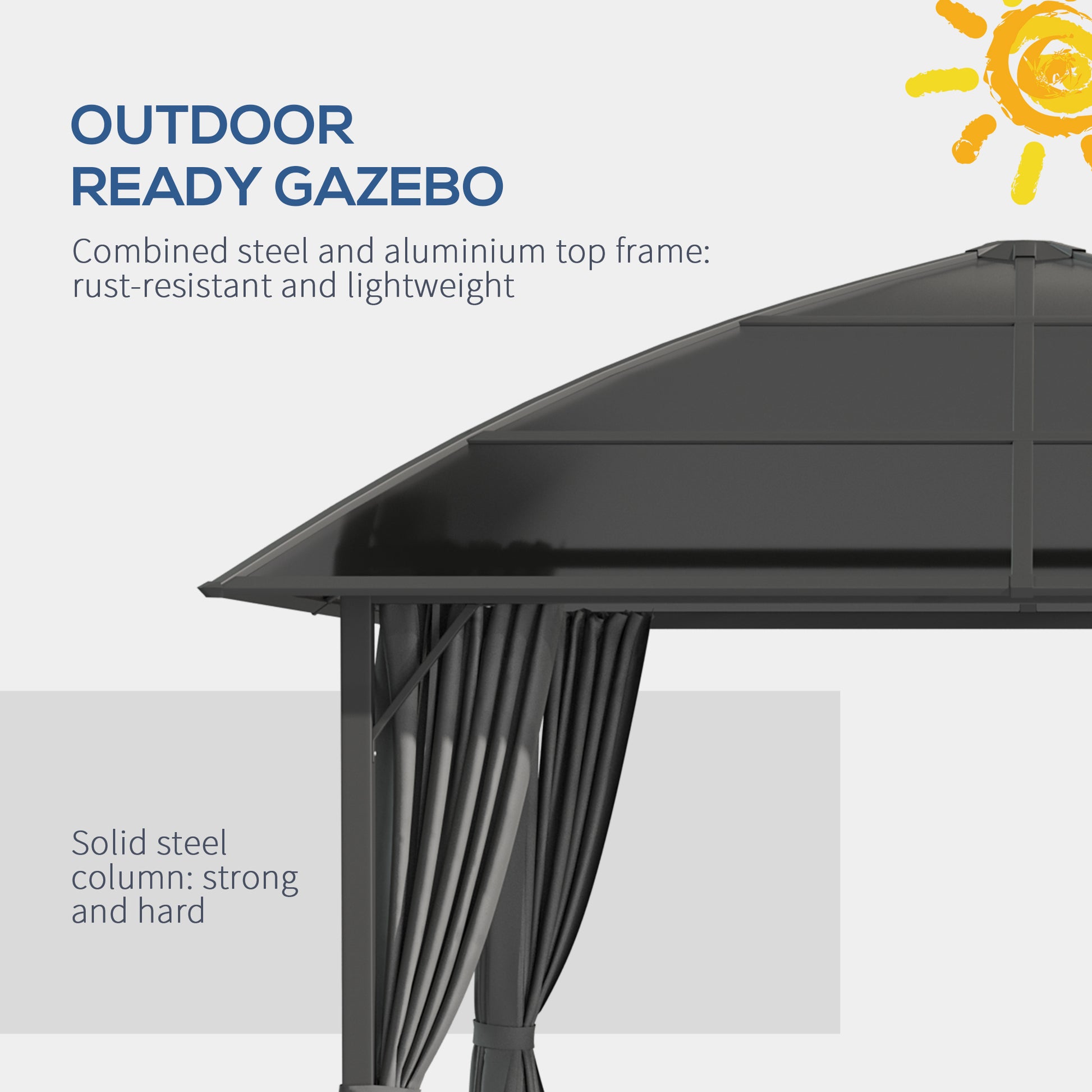 10' x 10' UV60+ Gazebo with Polycarbonate Roof & Curtains, Dark Grey-DECOROLALA