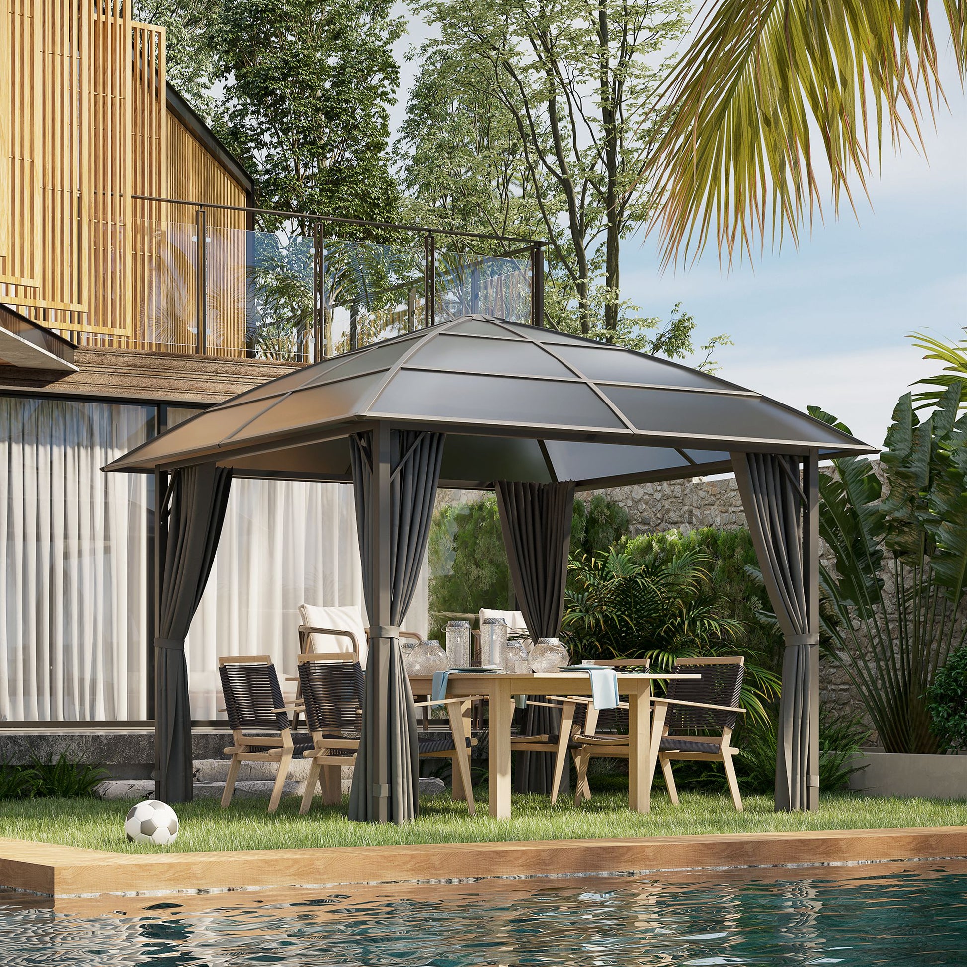 10' x 10' UV60+ Gazebo with Polycarbonate Roof & Curtains, Dark Grey-DECOROLALA