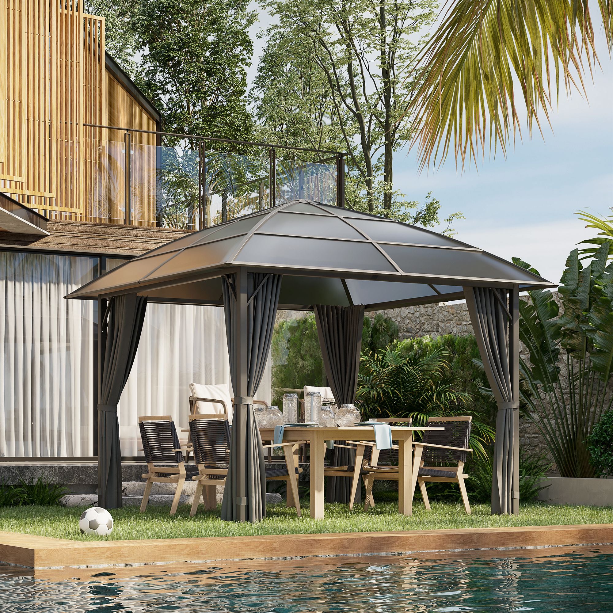 10' x 10' UV60+ Gazebo with Polycarbonate Roof & Curtains, Dark Grey-DECOROLALA