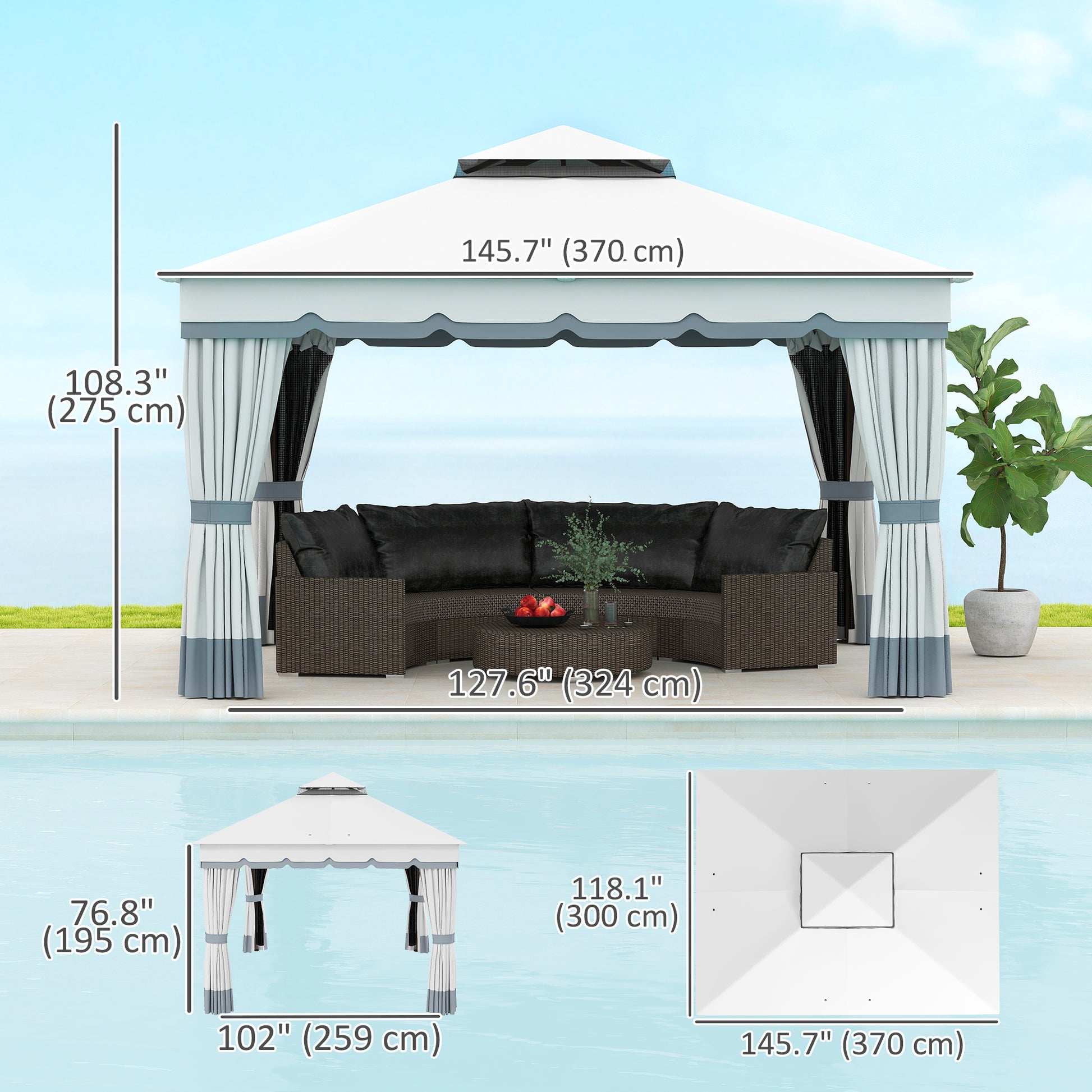 10' x 12' Double Roof Patio Gazebo with Netting - Grey-DECOROLALA