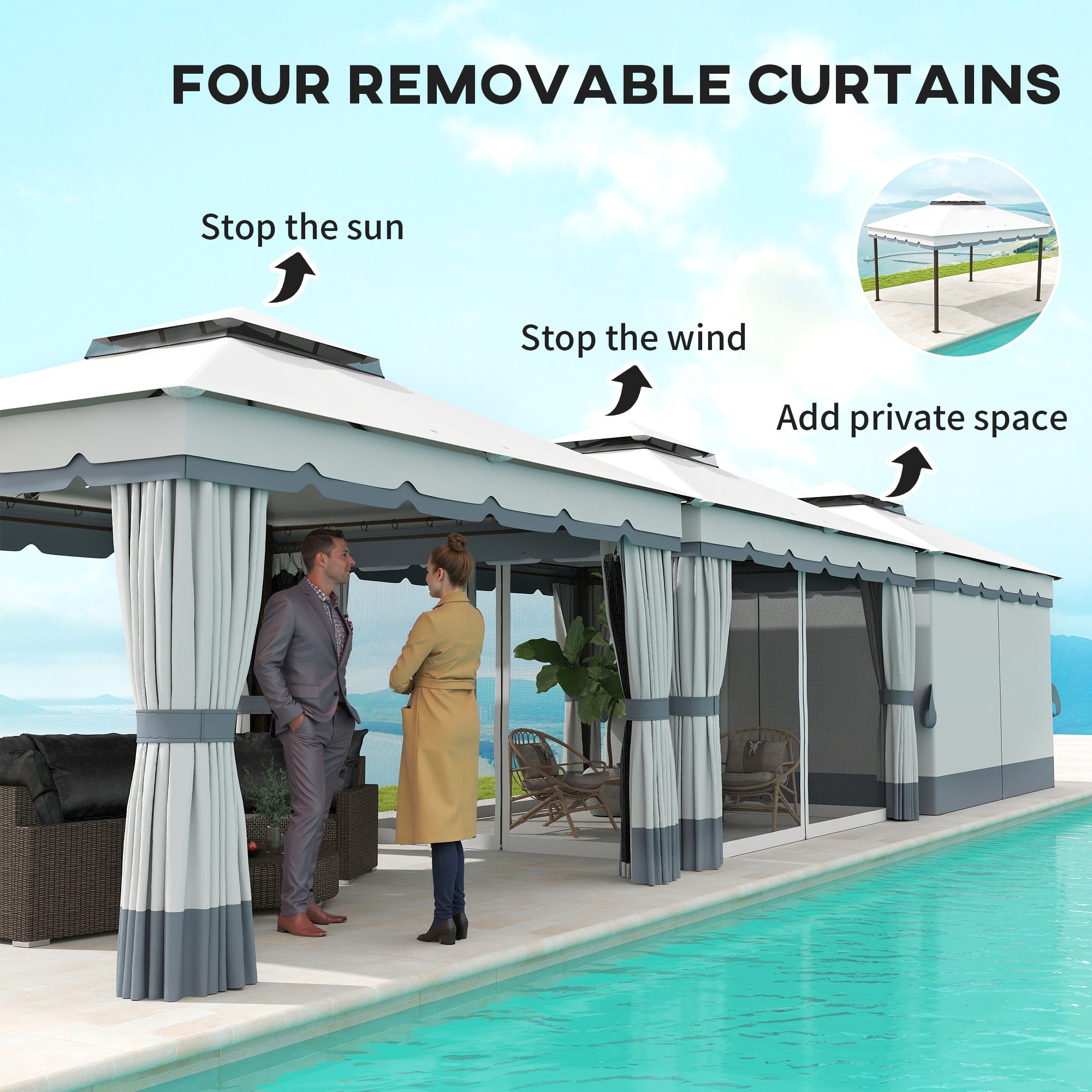 10' x 12' Double Roof Patio Gazebo with Netting - Grey-DECOROLALA