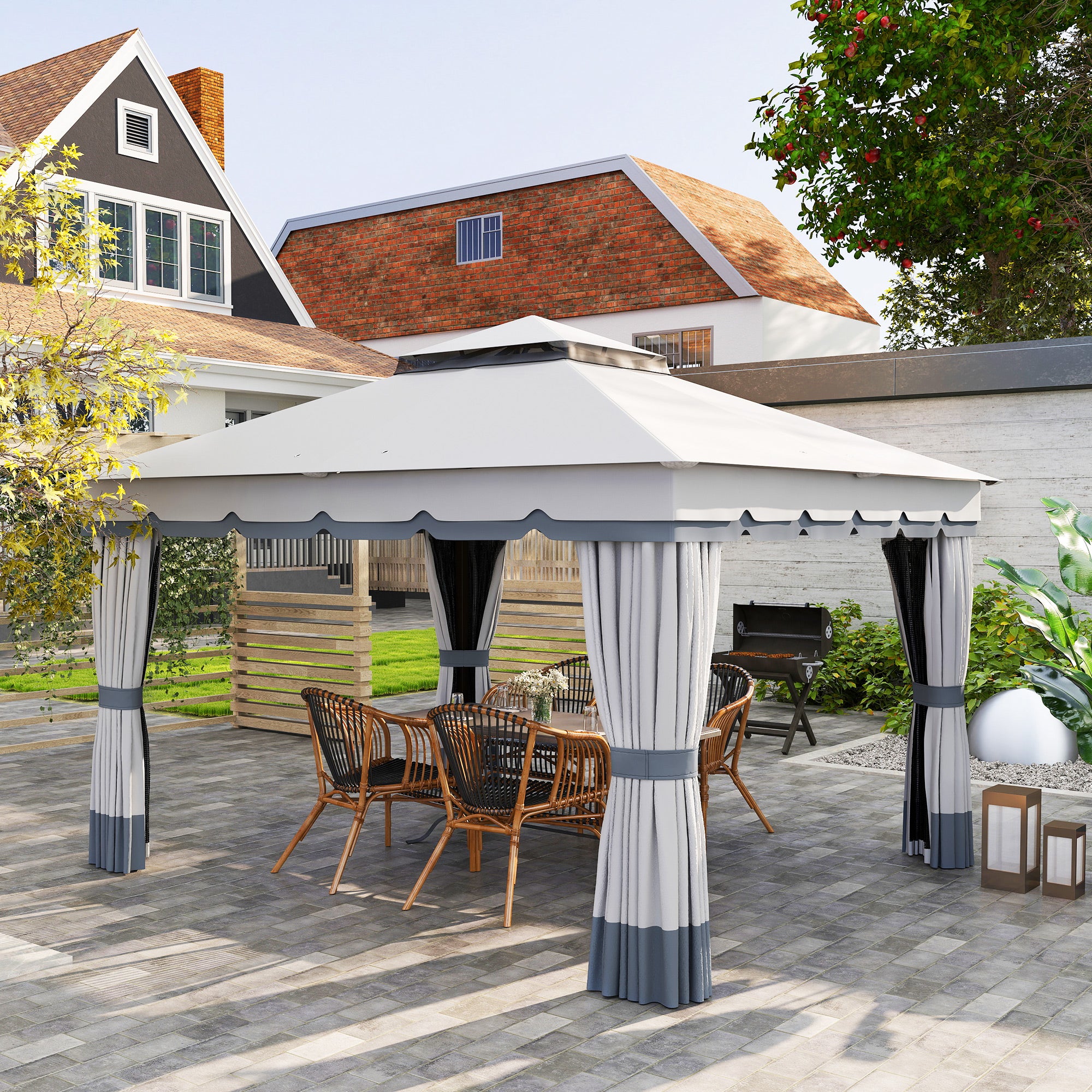 10' x 12' Double Roof Patio Gazebo with Netting - Grey-DECOROLALA