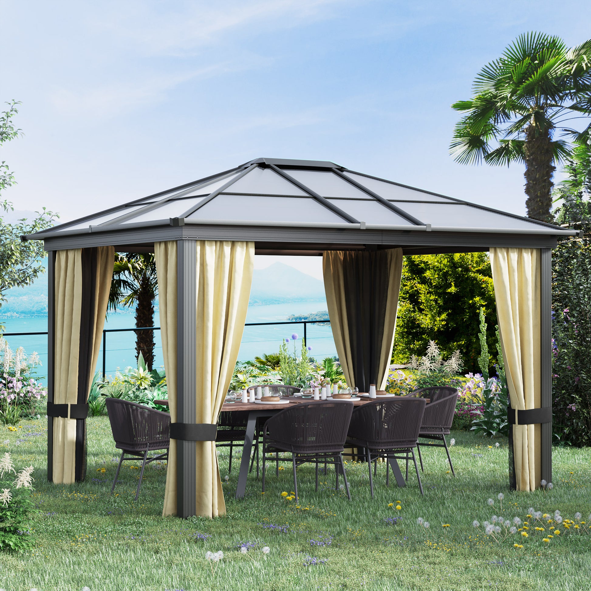 10' x 12' Hardtop Gazebo - Aluminum Frame Polycarbonate Roof Brown-DECOROLALA