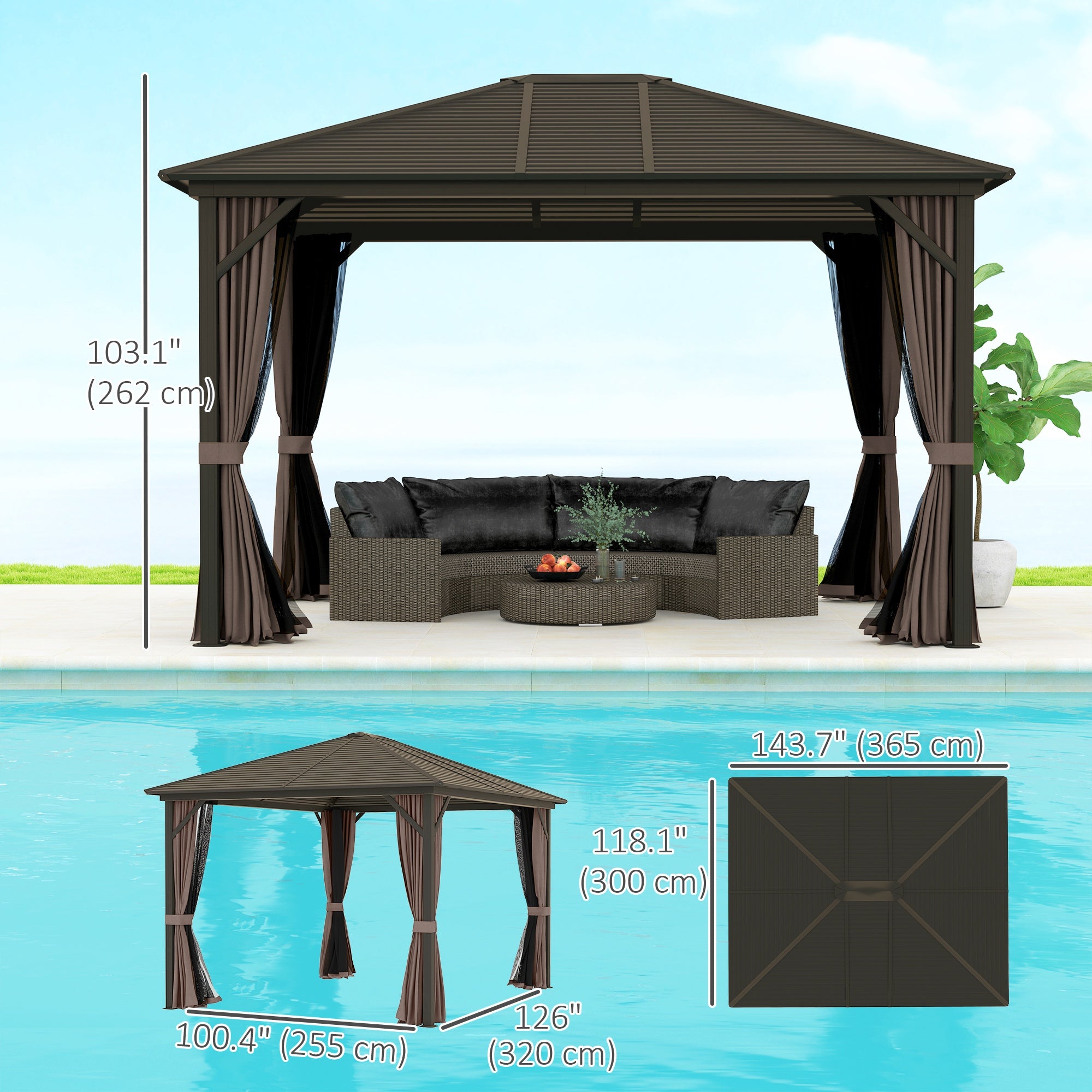 10' x 12' Hardtop Gazebo - Aluminum Frame & Steel Roof, Coffee-DECOROLALA