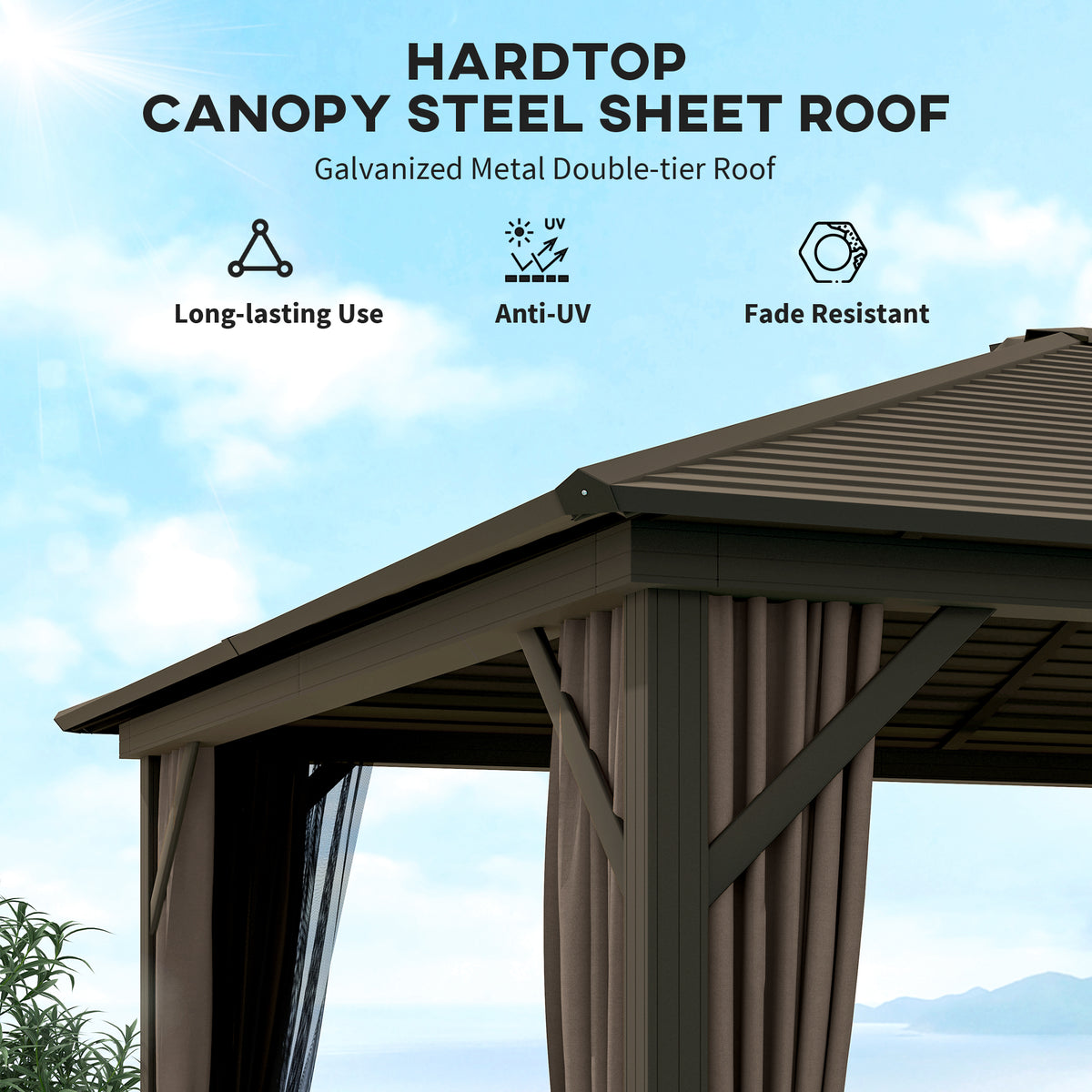 10' x 12' Hardtop Gazebo - Aluminum Frame & Steel Roof, Coffee-Gazebos-DECOROLALA