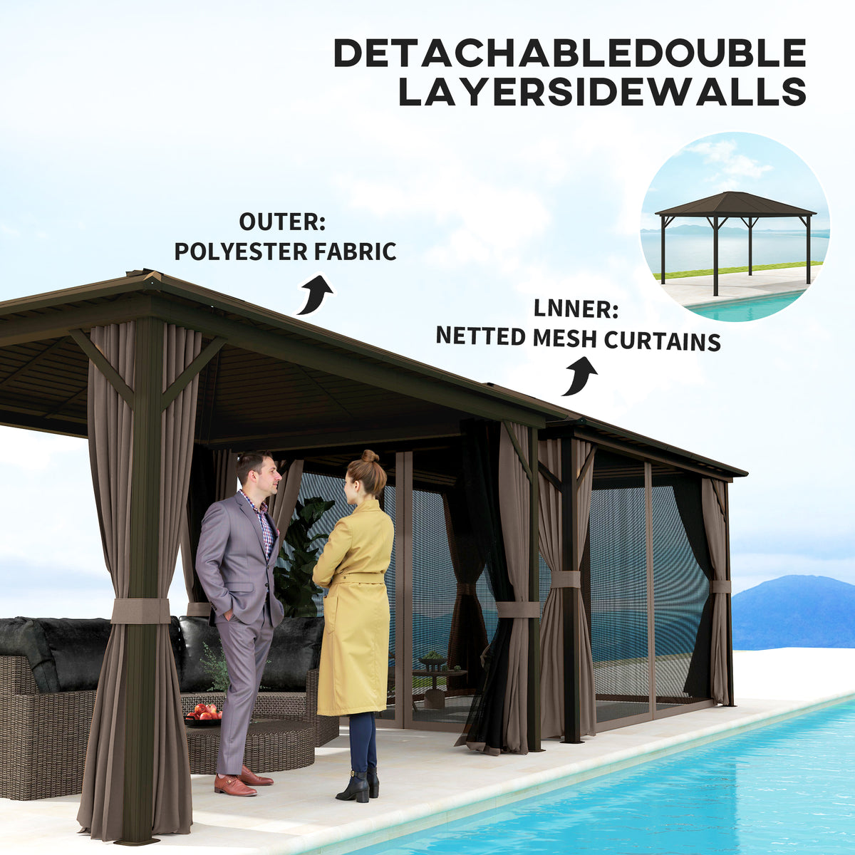 10' x 12' Hardtop Gazebo - Aluminum Frame & Steel Roof, Coffee-Gazebos-DECOROLALA