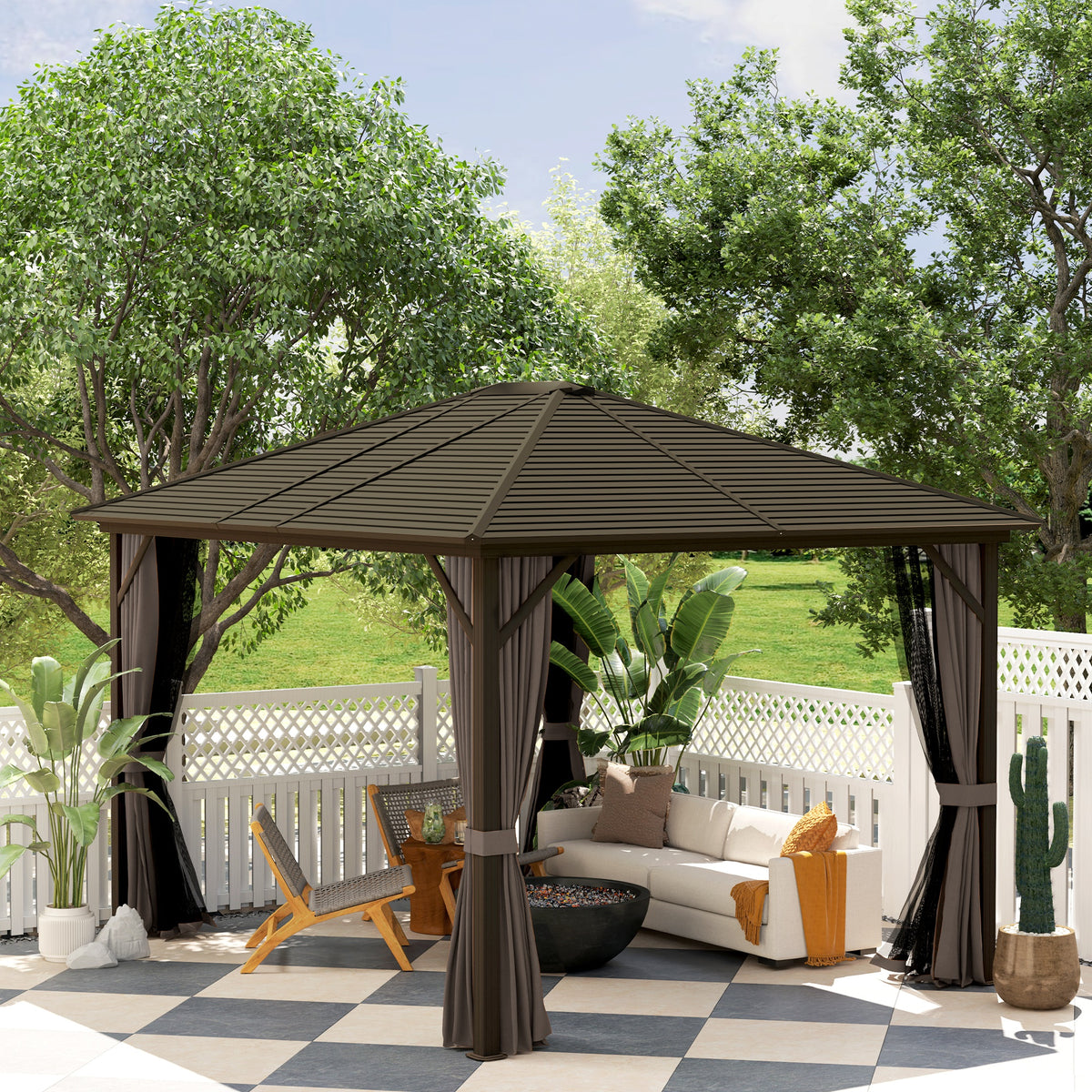 10' x 12' Hardtop Gazebo - Aluminum Frame & Steel Roof, Coffee-Gazebos-DECOROLALA