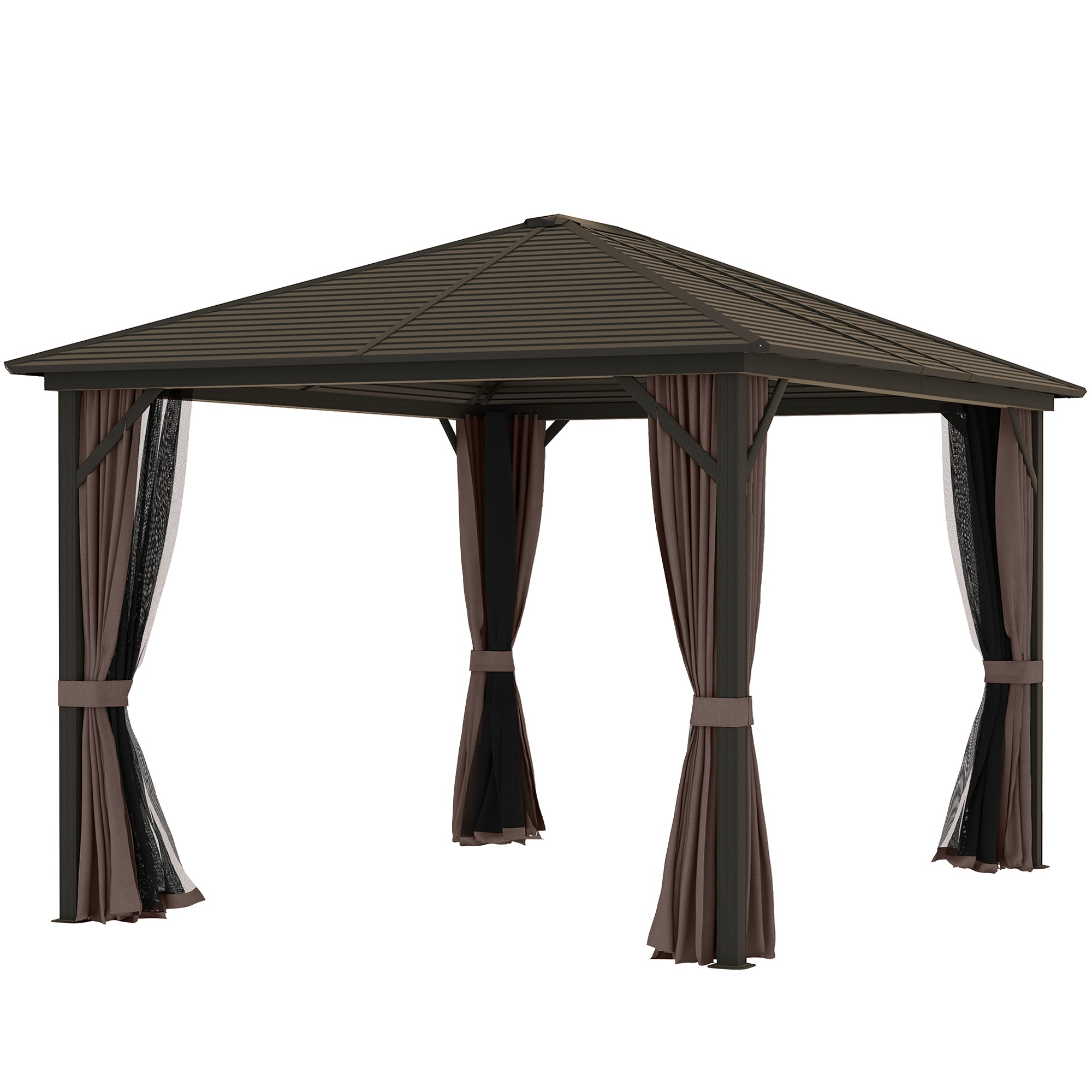 10' x 12' Hardtop Gazebo - Aluminum Frame & Steel Roof, Coffee-DECOROLALA