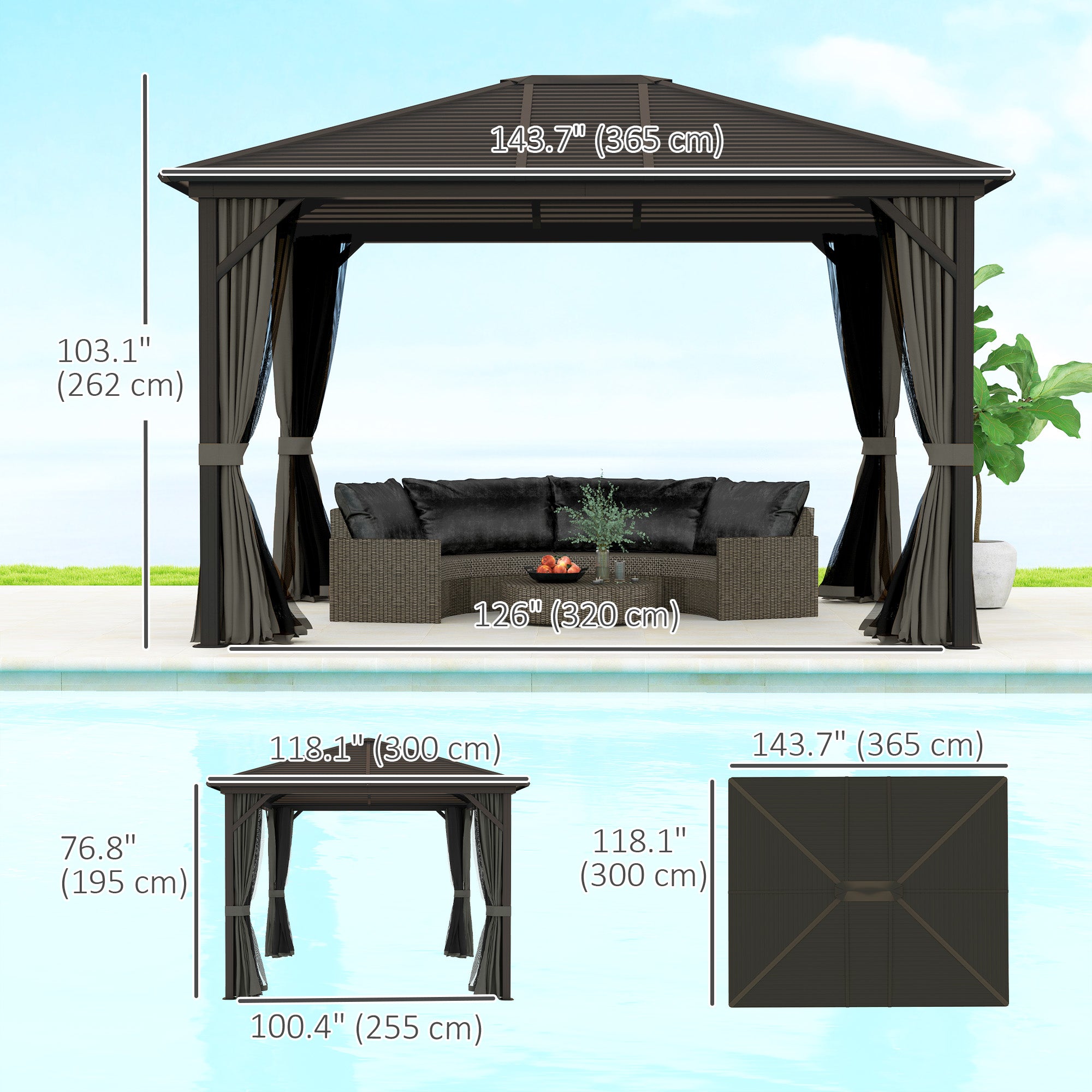 10' x 12' Hardtop Gazebo - Aluminum Frame with Netting, Grey-DECOROLALA