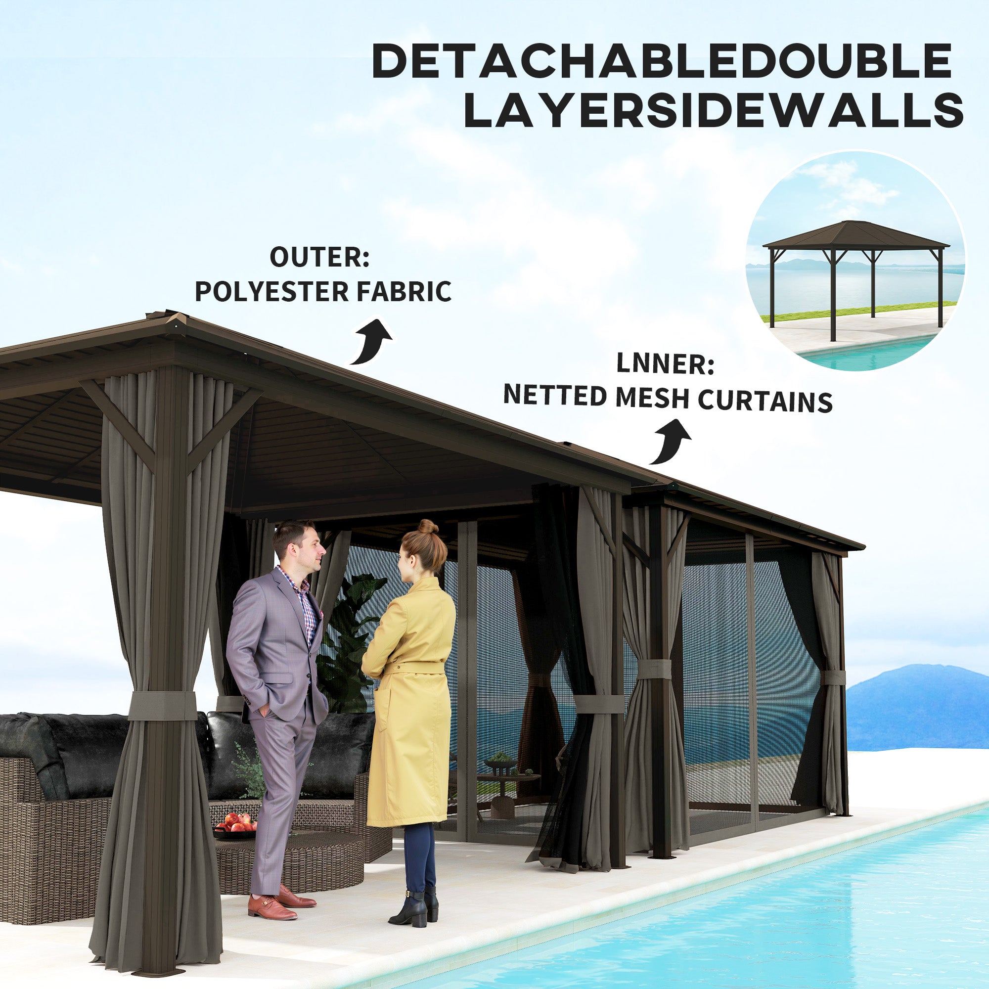 10' x 12' Hardtop Gazebo - Aluminum Frame with Netting, Grey-DECOROLALA
