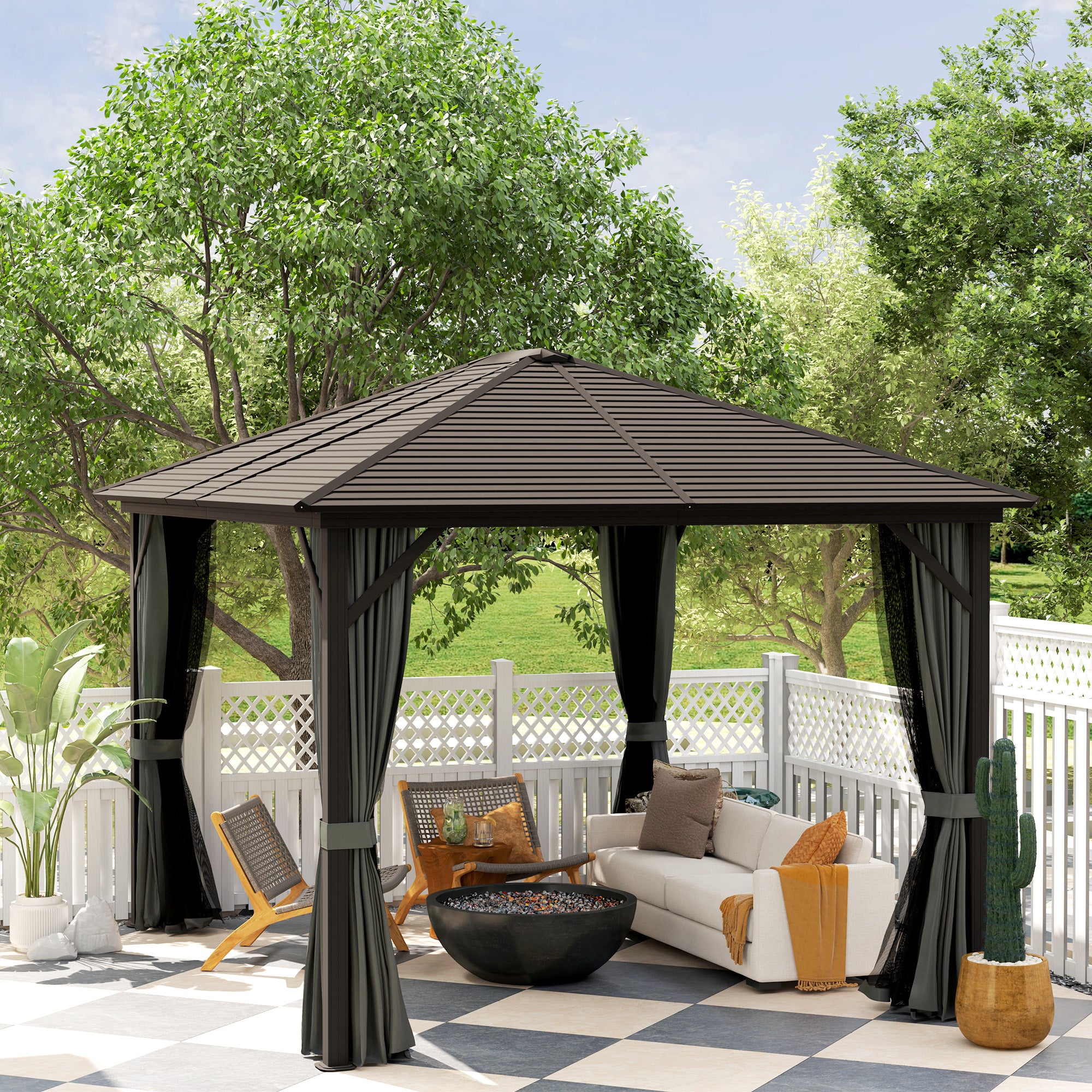10' x 12' Hardtop Gazebo - Aluminum Frame with Netting, Grey-DECOROLALA