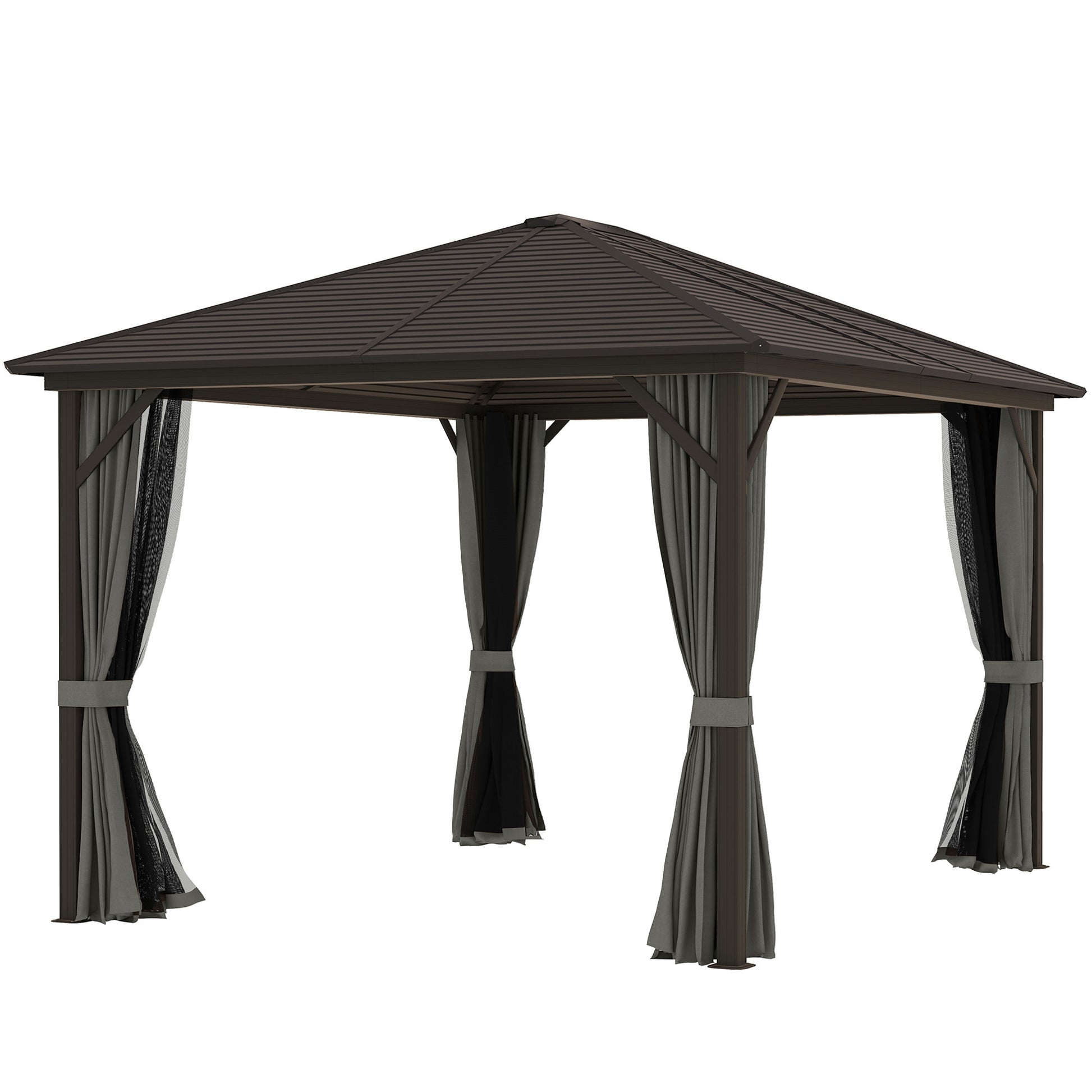 10' x 12' Hardtop Gazebo - Aluminum Frame with Netting, Grey-DECOROLALA