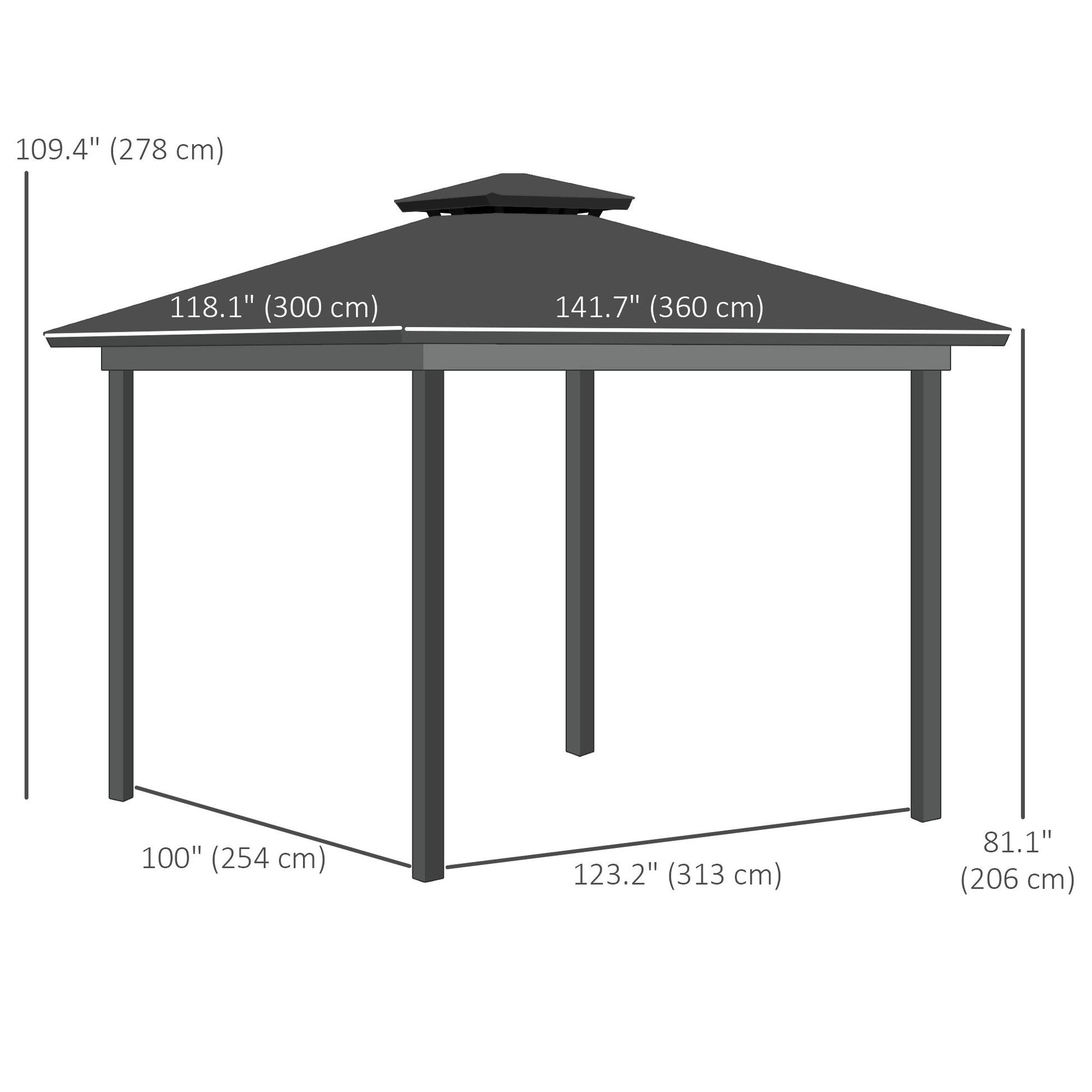 10' x 12' Hardtop Gazebo - Grey Steel Frame Netting Curtains-DECOROLALA