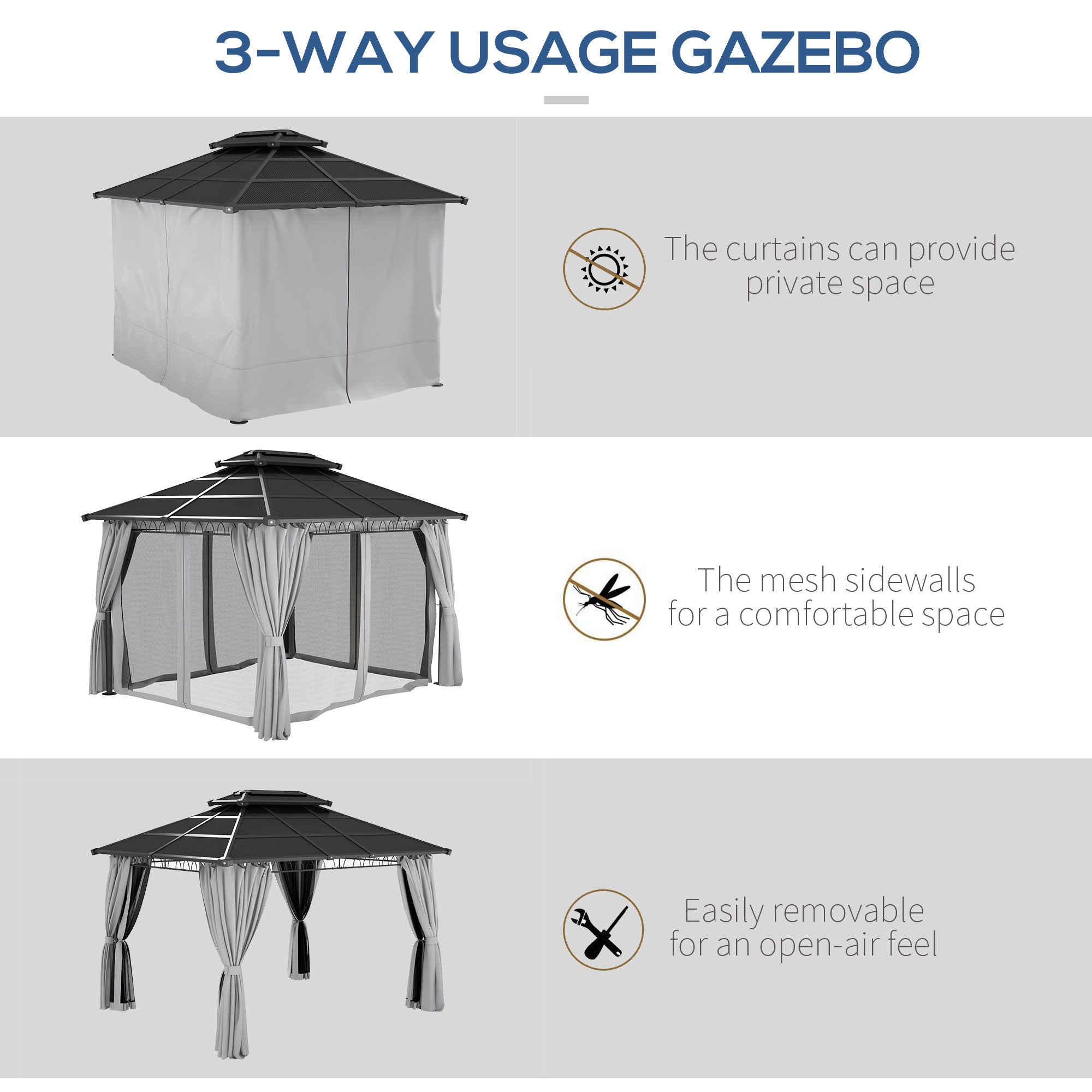 10' x 12' Hardtop Gazebo - Grey Steel Frame Netting Curtains-DECOROLALA