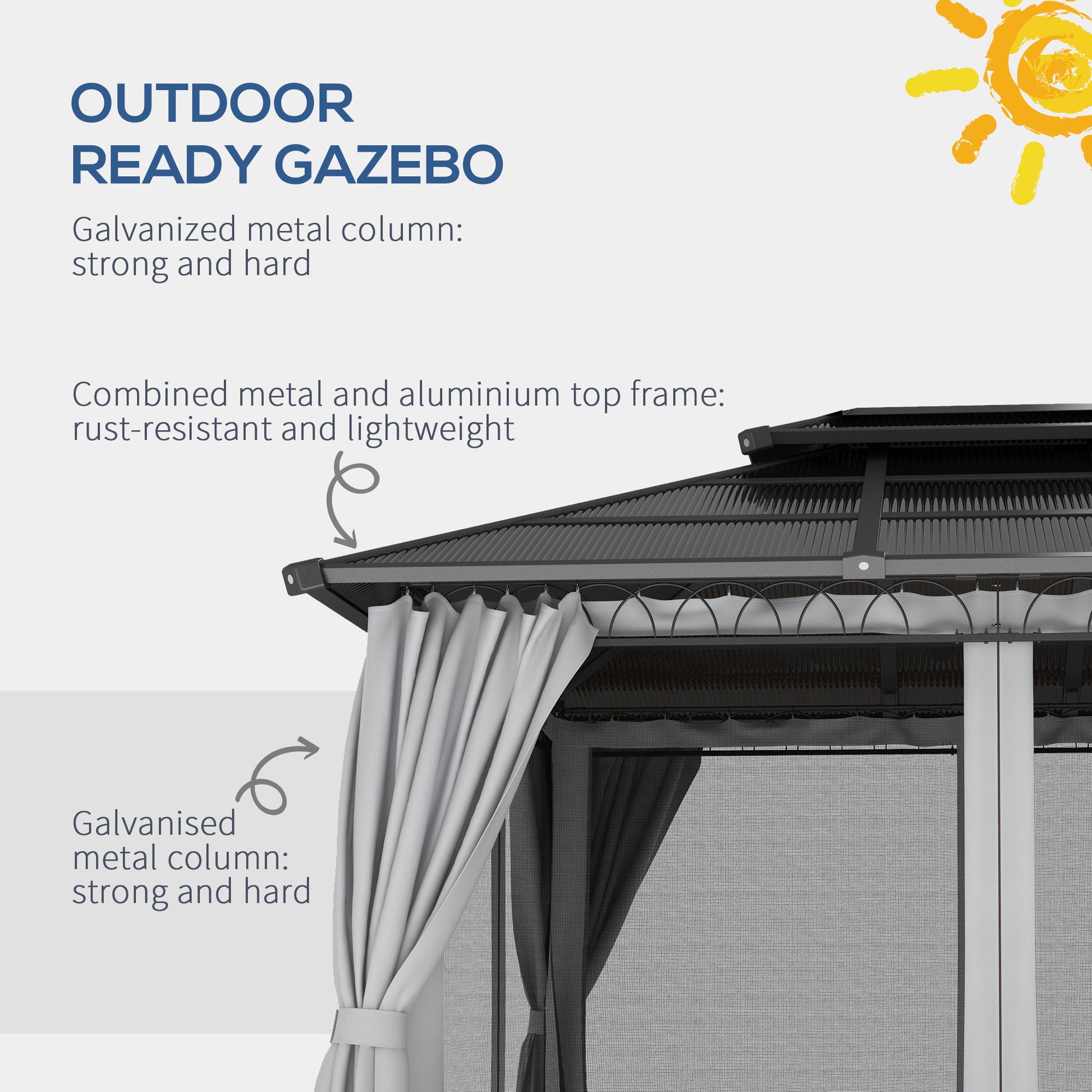 10' x 12' Hardtop Gazebo - Grey Steel Frame Netting Curtains-DECOROLALA