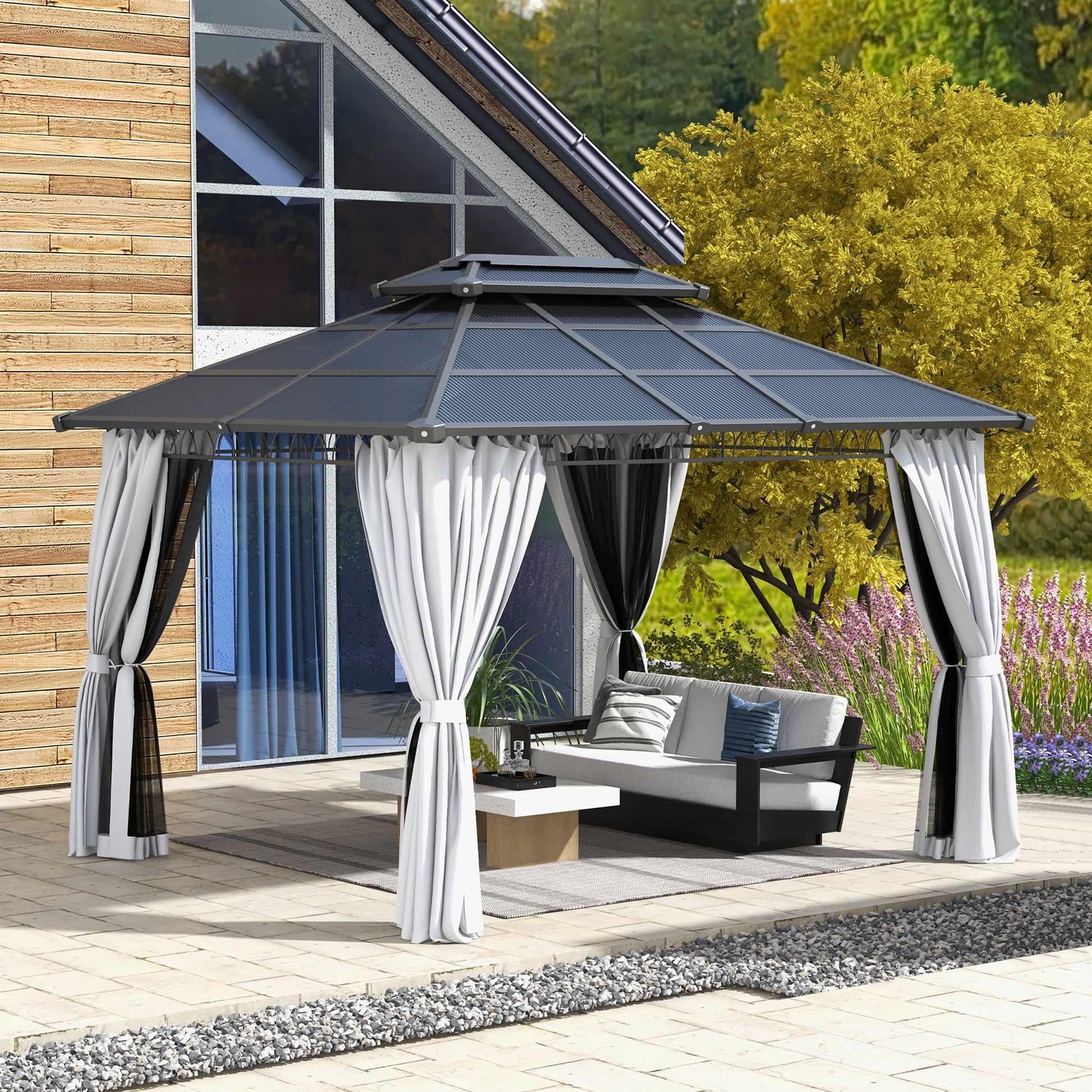10' x 12' Hardtop Gazebo - Grey Steel Frame Netting Curtains-DECOROLALA
