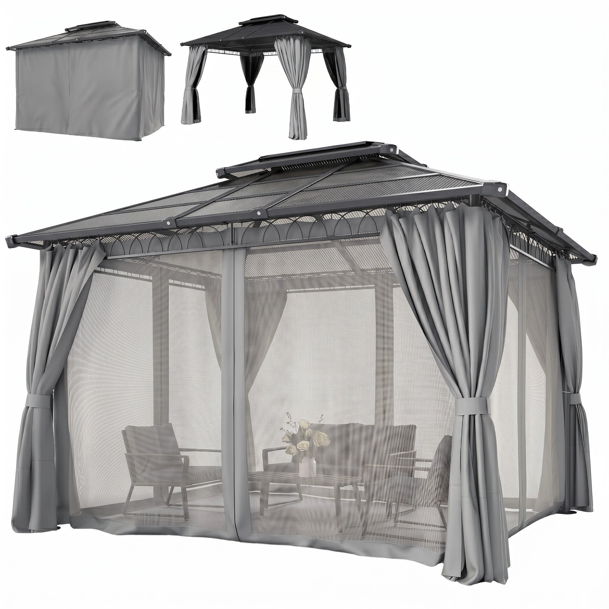 10' x 12' Hardtop Gazebo - Grey Steel Frame Netting Curtains-DECOROLALA
