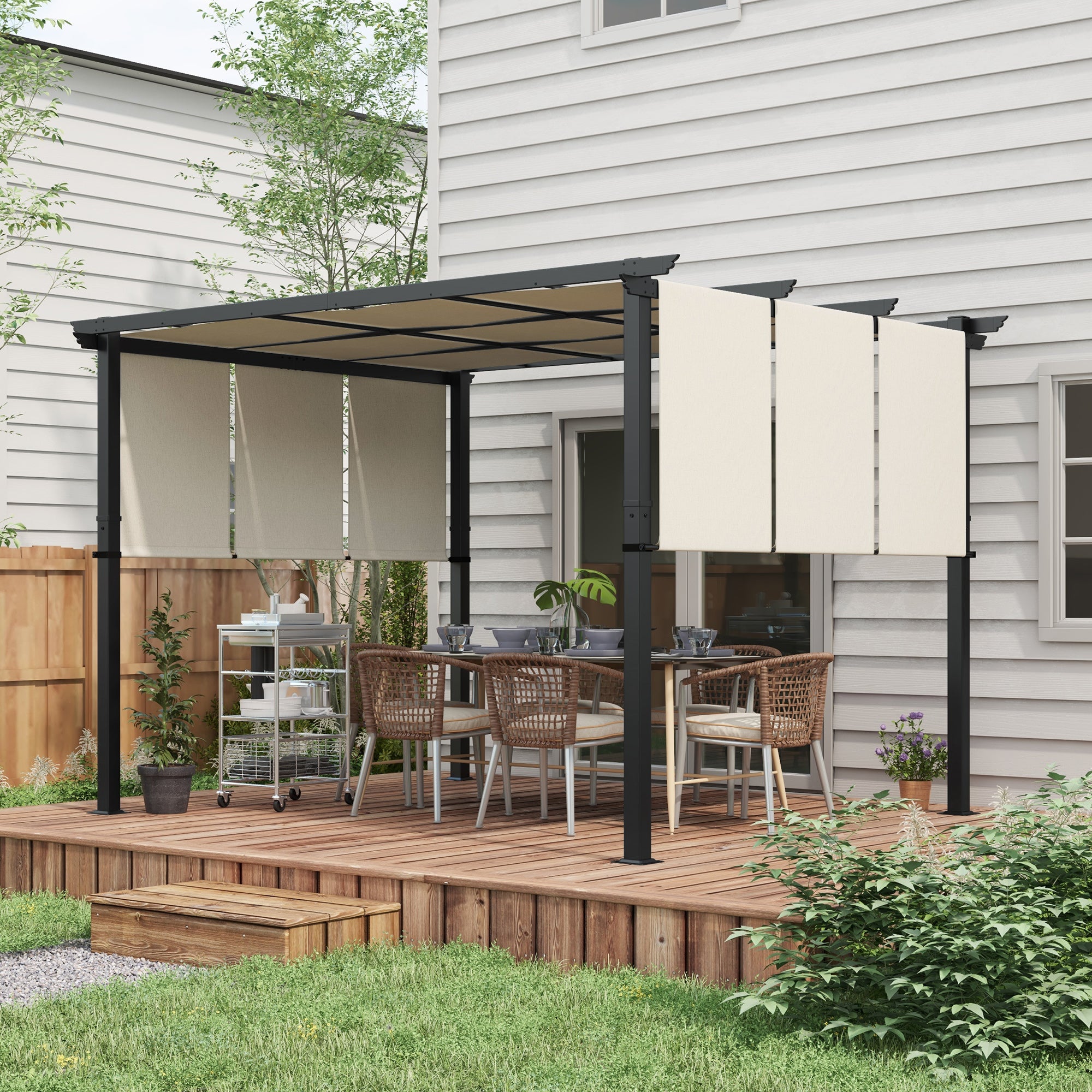 10' x 12' Metal Pergola with Retractable Canopy - Beige-DECOROLALA