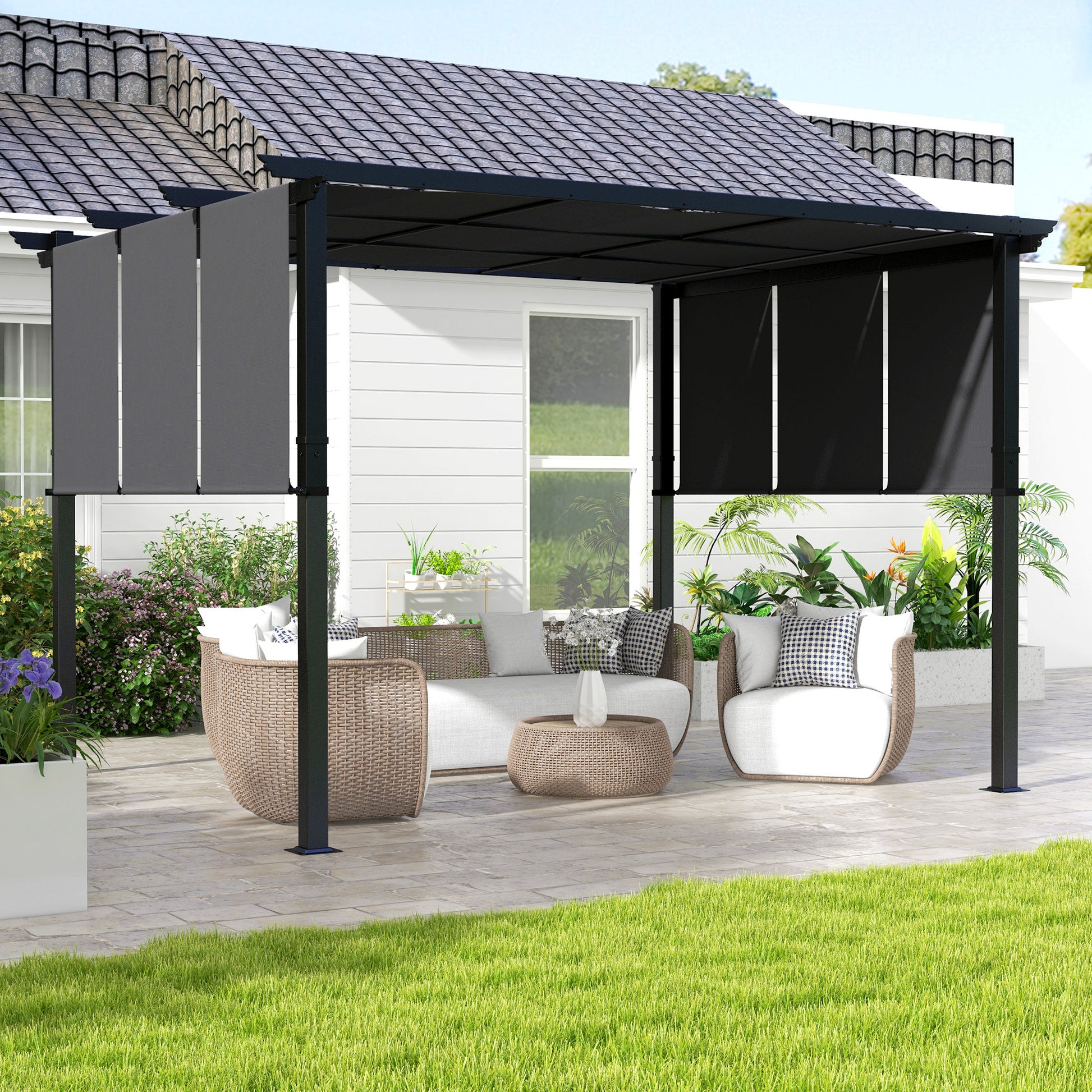 10' x 12' Metal Pergola with Retractable Canopy - Dark Grey-DECOROLALA