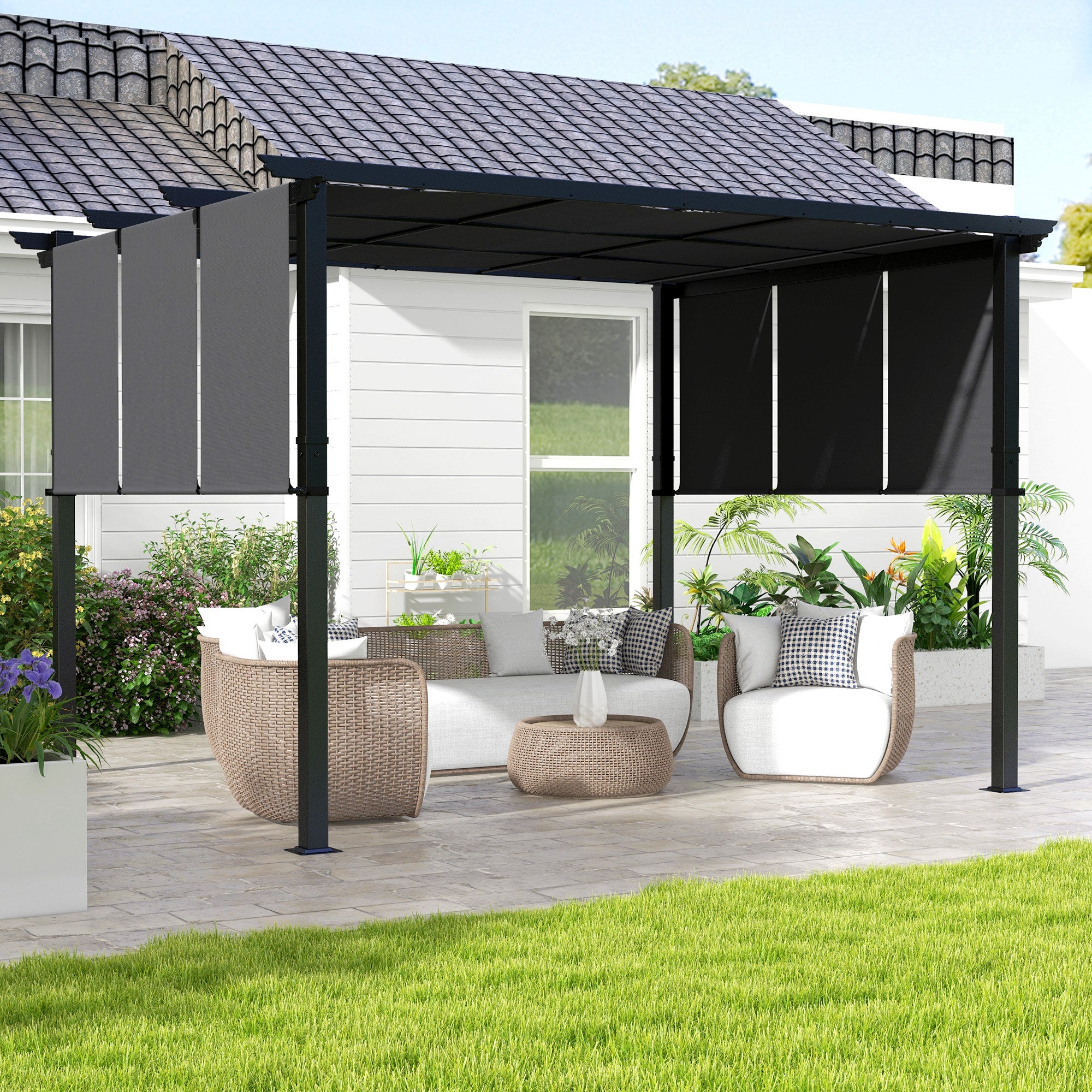 10' x 12' Metal Pergola with Retractable Canopy - Dark Grey-DECOROLALA