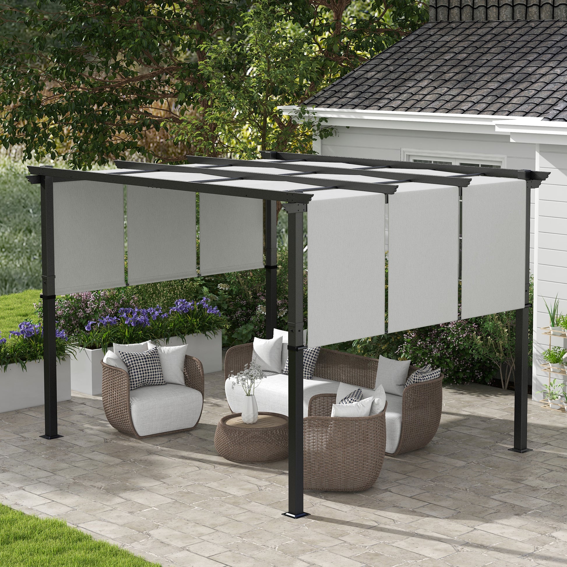 10' x 12' Metal Pergola with Retractable Canopy - Light Grey-DECOROLALA