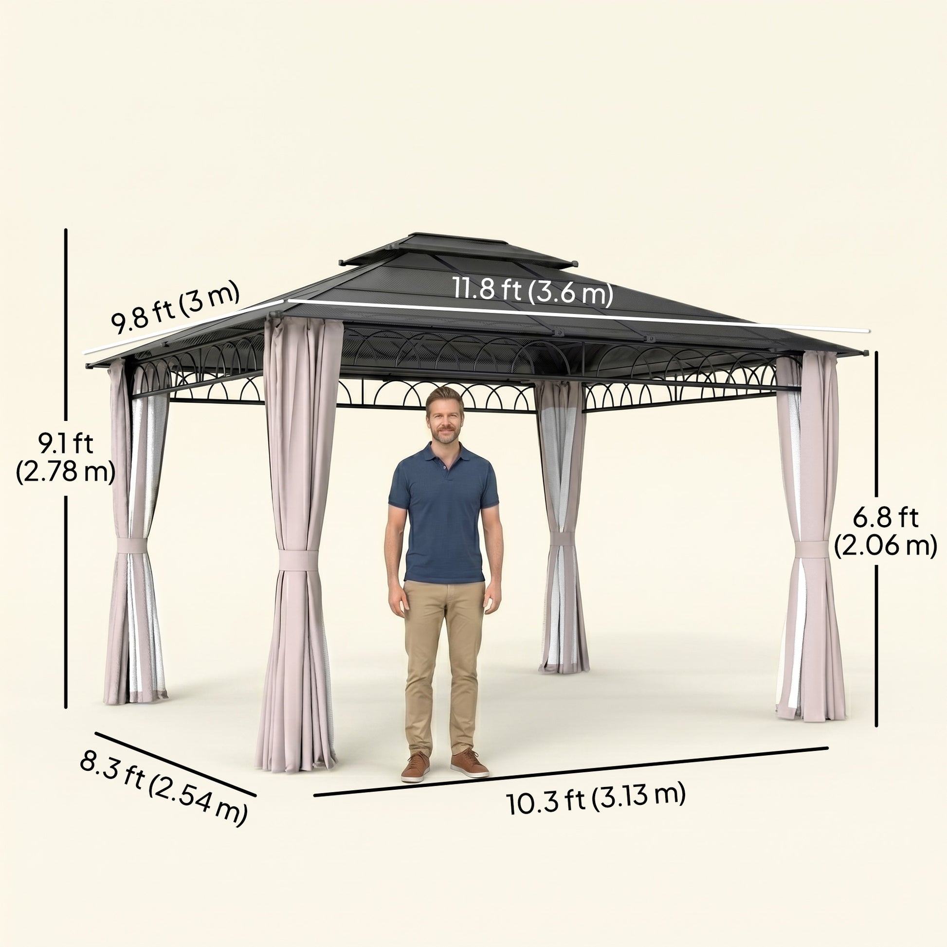 10' x 12' Outdoor Gazebo Canopy, Polycarbonate Roof, Steel Frame, Khaki-DECOROLALA
